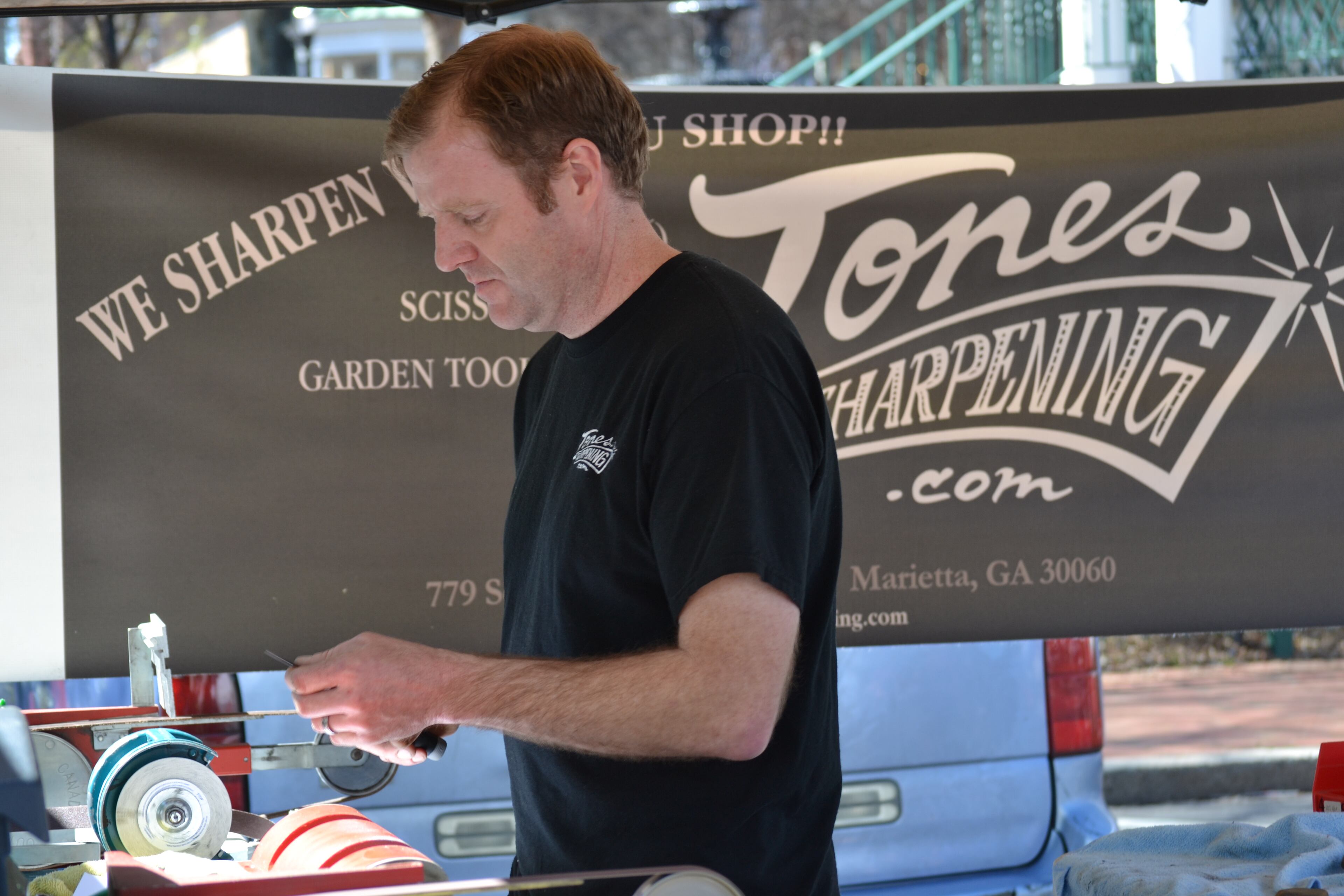 Jones Knife Sharpening is one of nearly 60 vendors at the Marietta Square Farmers Market each Saturday.