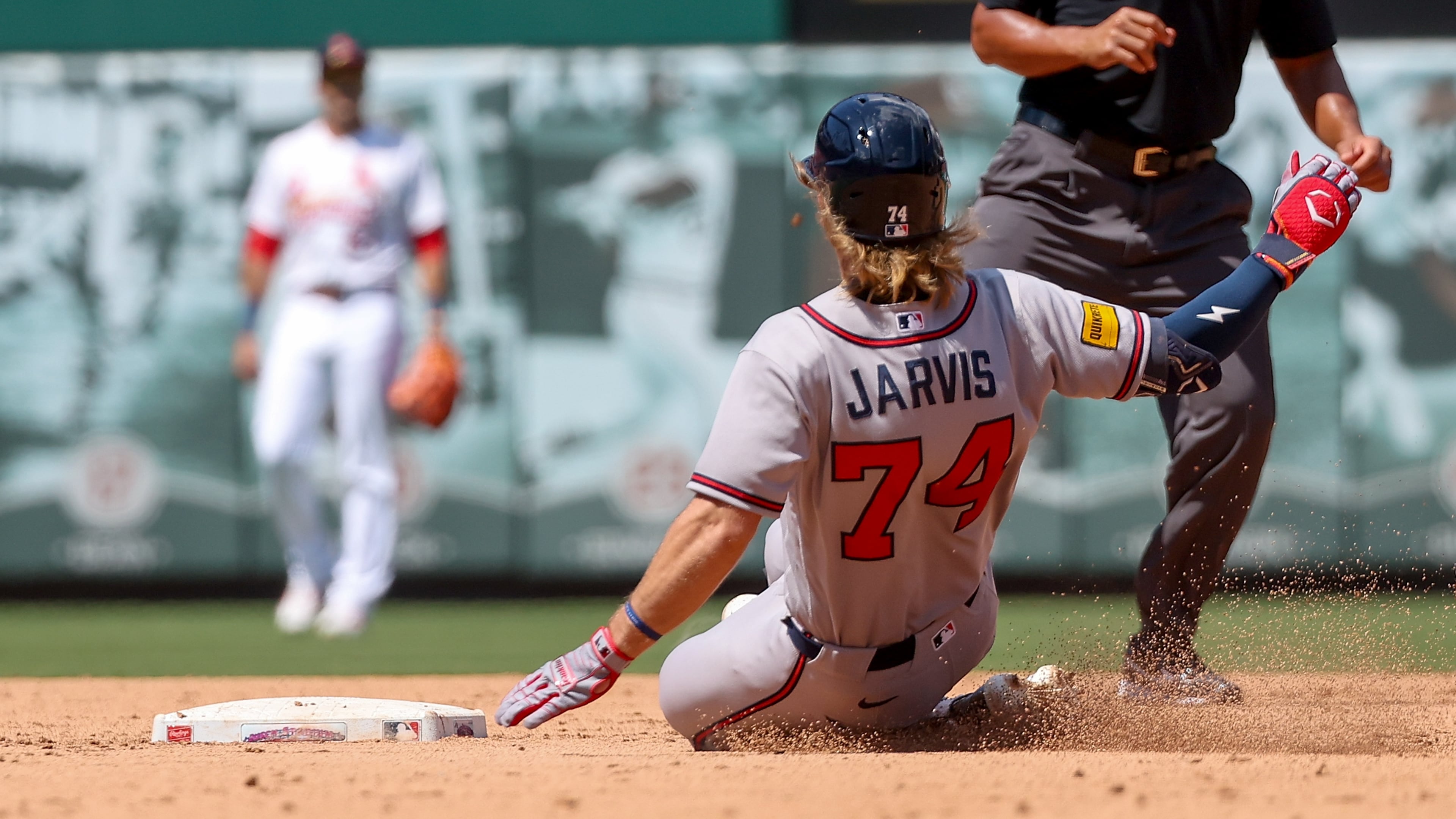 Atlanta Braves' Jim Jarvis (74) slides into second base after hitting a double during the sixth inning of a baseball game against the St. Louis Cardinals, Sunday, July 12, 2026, in St. Louis. (AP Photo/Scott Kane)