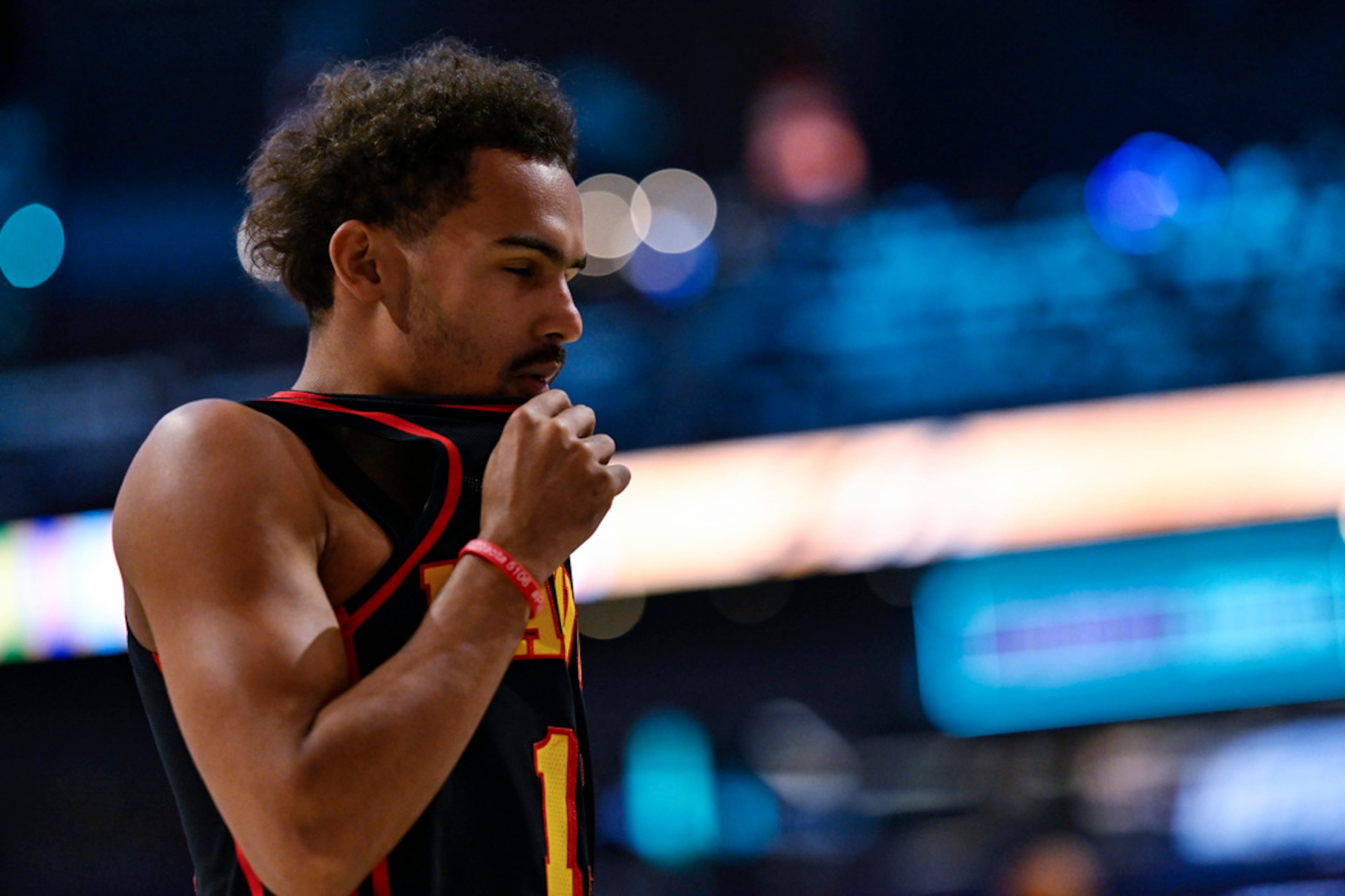 Atlanta Hawks guard Trae Young waits for the team's NBA basketball game against the Charlotte Hornets, Wednesday, Oct. 25, 2023, in Charlotte, N.C. (AP Photo/Matt Kelley)