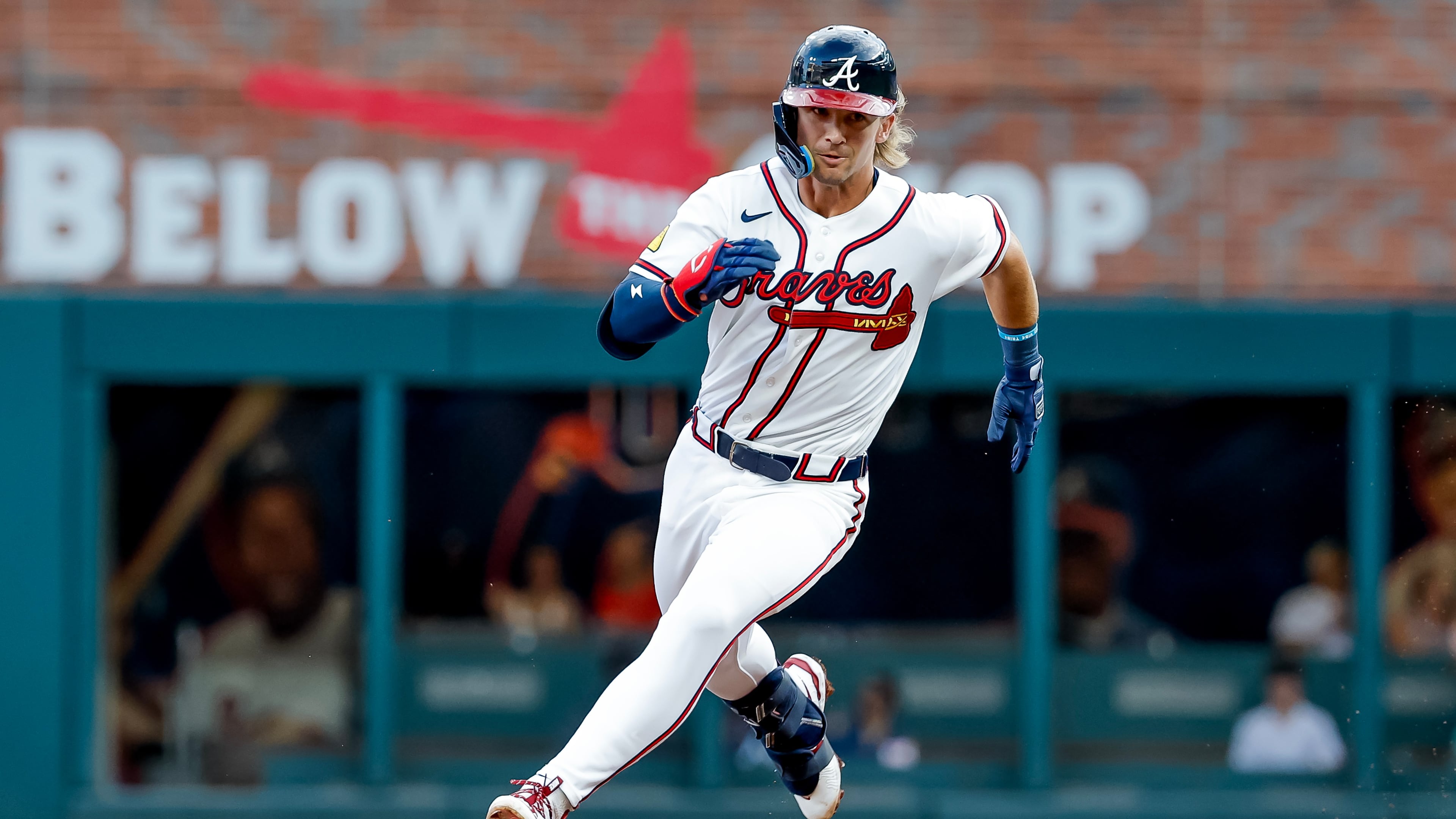 Atlanta Braves' Jim Jarvis rounds second base after hitting a two-run triple against the San Diego Padres during the second inning of a baseball game, Tuesday, July 21, 2026, in Atlanta. (AP Photo/Erik S. Lesser)