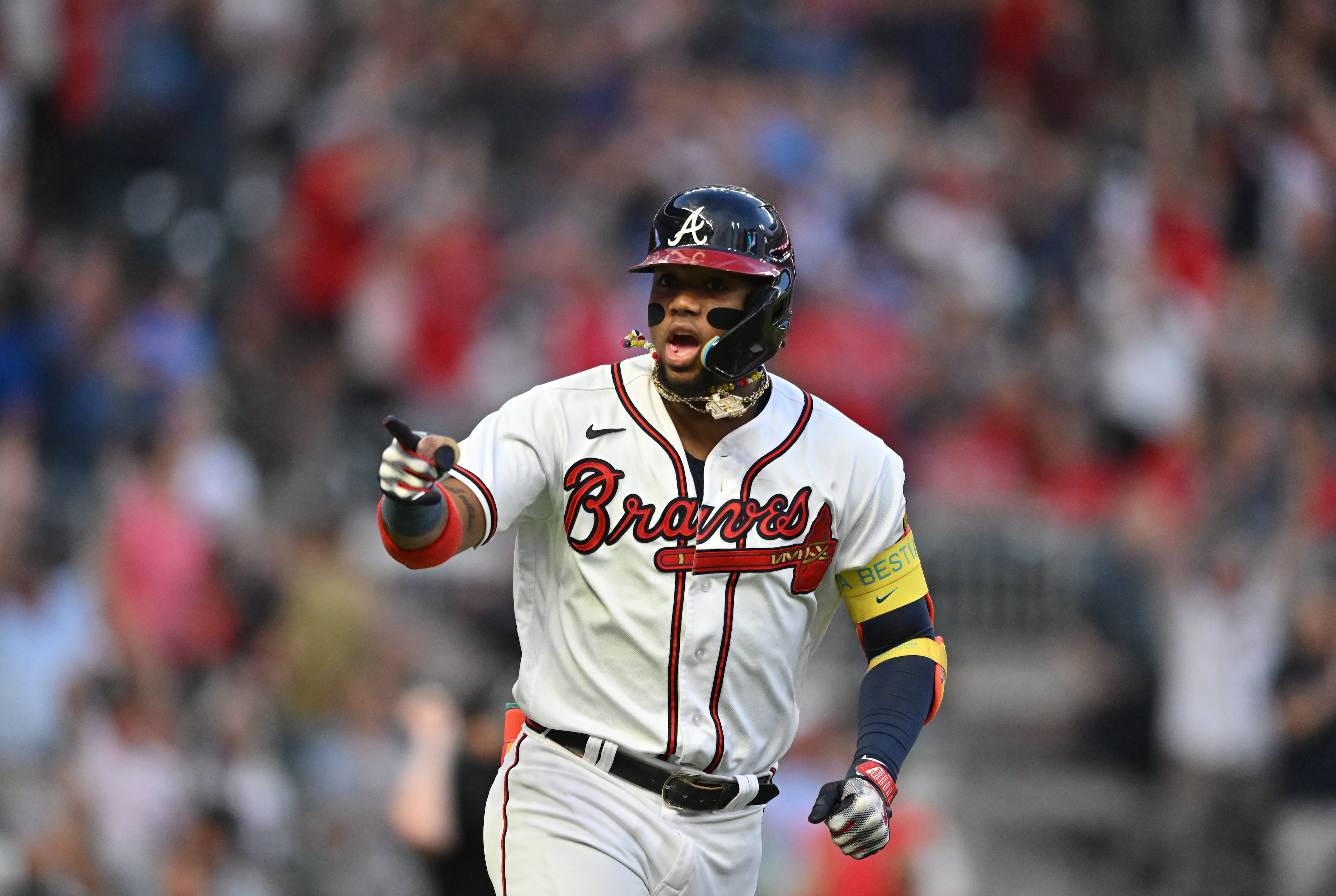 Atlanta Braves' right fielder Ronald Acuna Jr. (13) celebrates after hitting a solo home run during the first inning at Truist Park, Tuesday, September 19, 2023, in Atlanta. (Hyosub Shin / Hyosub.Shin@ajc.com)
