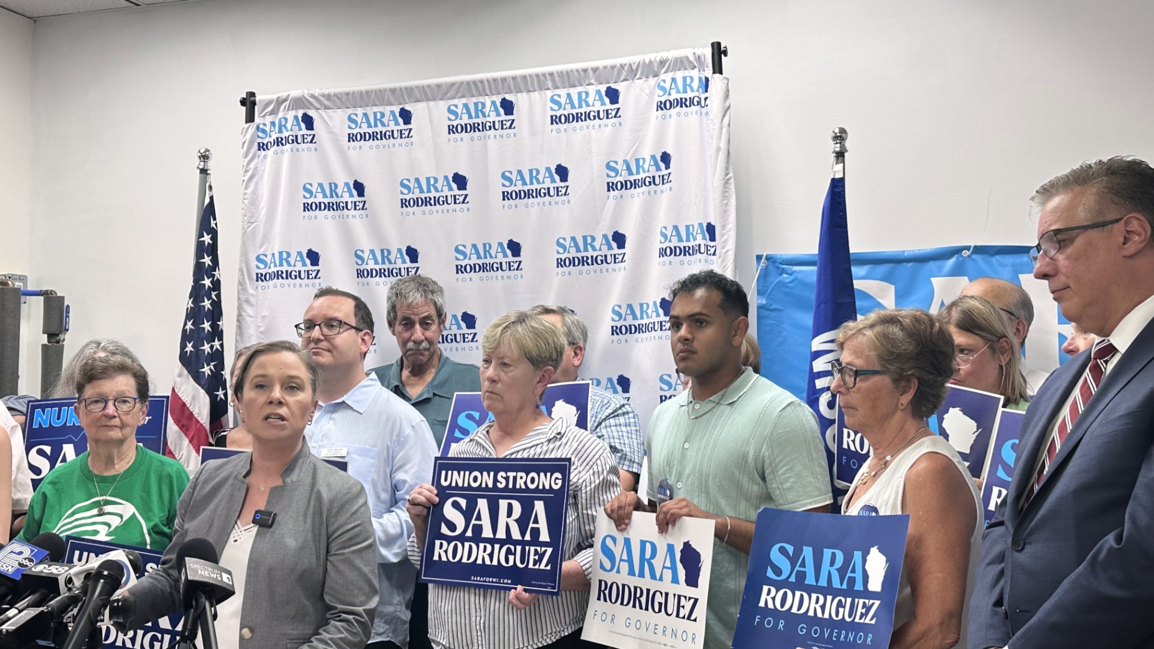 Democratic candidate for Wisconsin governor Sara Rodriguez speaks to supporters, Monday, July 13, 2026, in Madison, Wis. (AP Photo/Scott Bauer)