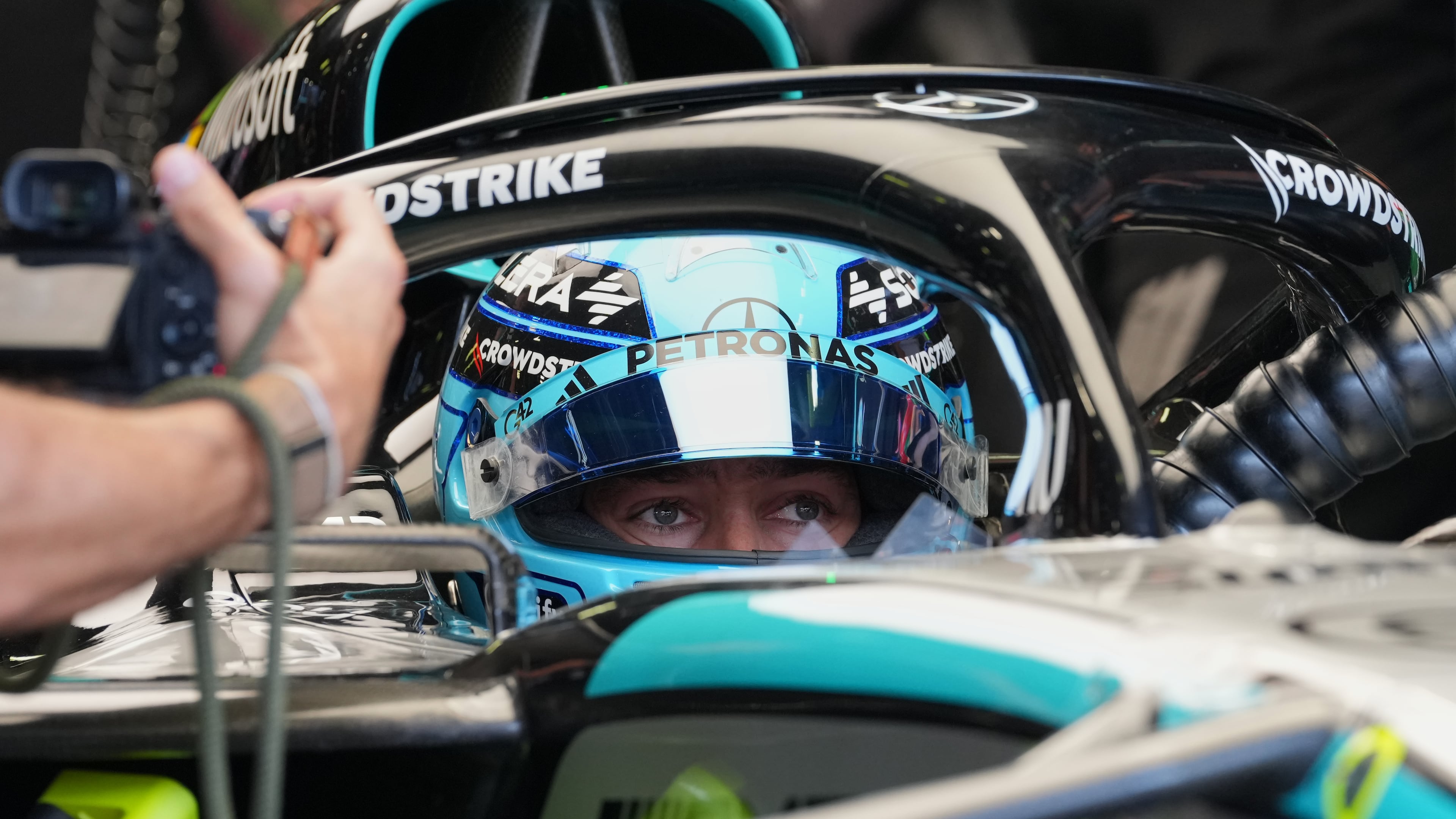 Mercedes driver George Russell of Britain steers his car during the third free practice ahead of the Italian Formula One Grand Prix, in Monza, Italy, Saturday, Sept. 5, 2026. (AP Photo/Antonio Calanni)