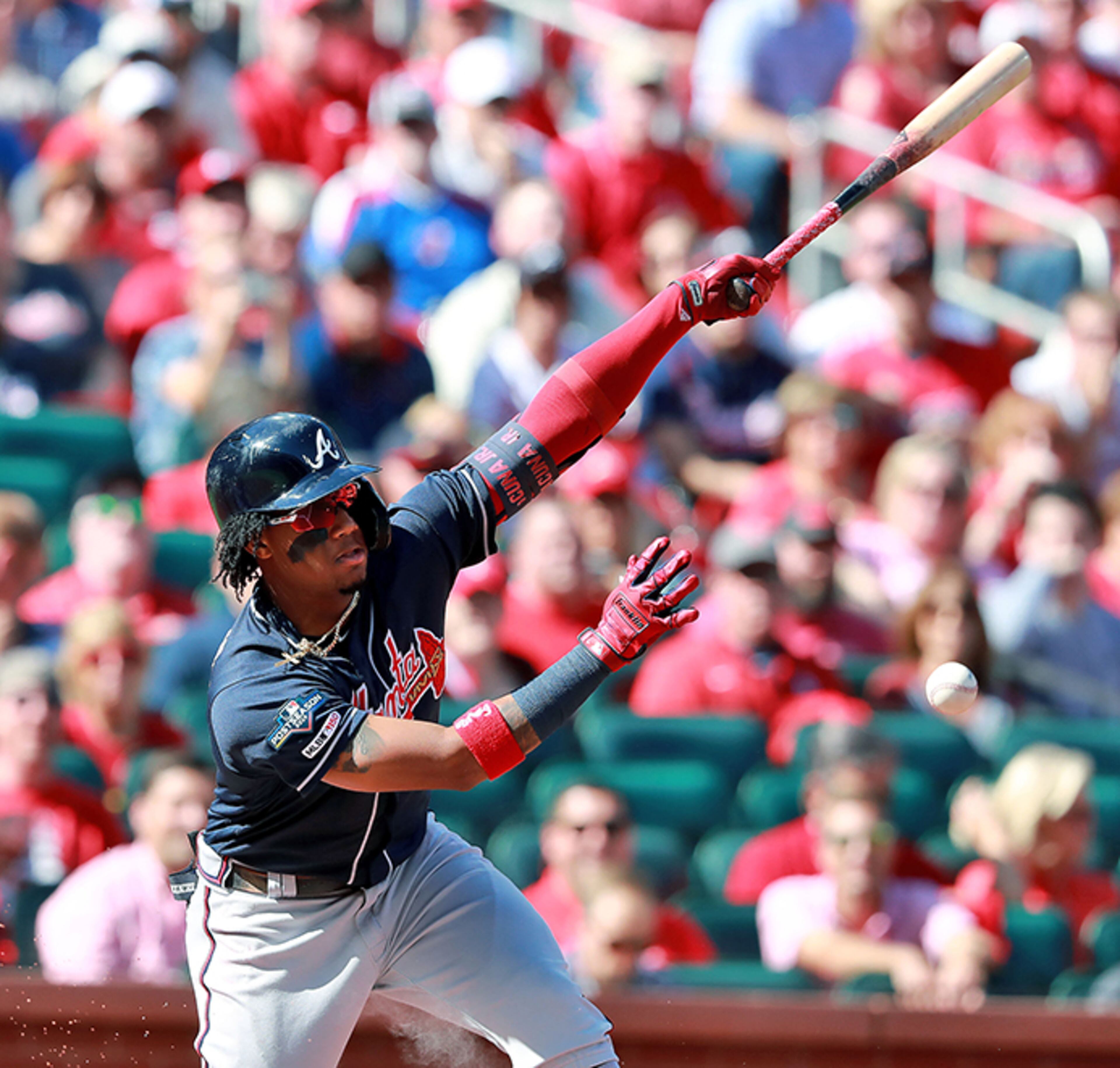 Braves center fielder Ronald Acuna leads off Game 4 of the Division Series Monday, Oct. 7, 2019, with a hit against the Cardinals at Busch Stadium in St. Louis.