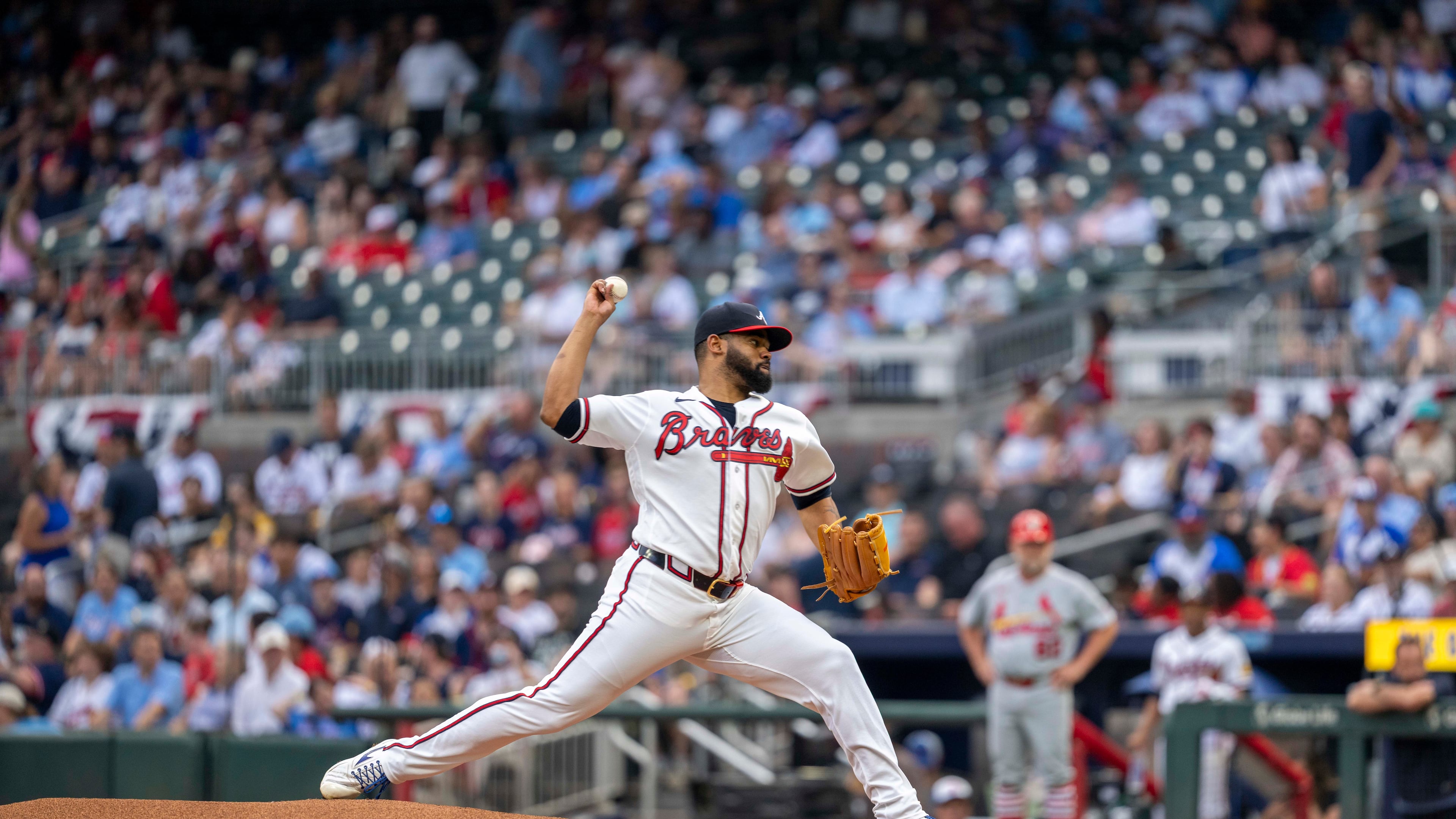 Atlanta Braves Reynaldo López (40) throws the first pitch of the game during first inning against the St. Louis Cardinals Wednesday, July 1, 2026, in Atlanta. (Erik Rank/AP)