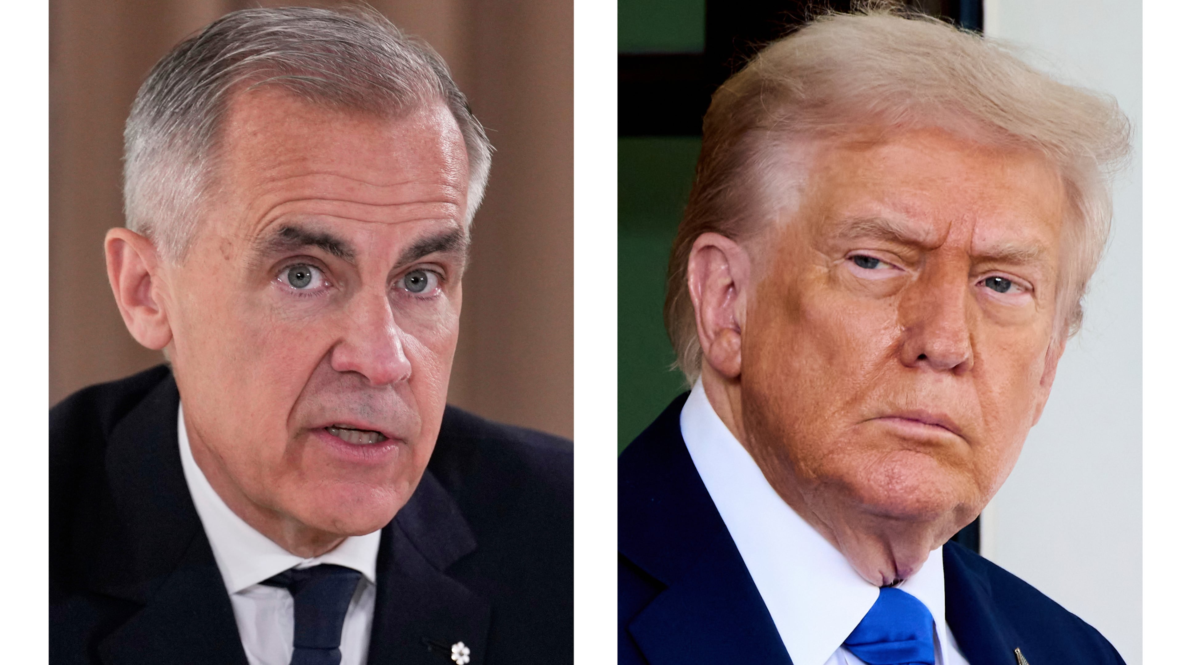This combination of images shows Canada's Prime Minister Mark Carney on June 16, 2025, in Kananaskis, Canada, left, and President Donald Trump on Oct. 7, 2025, in Washington. (AP Photo/Mark Schiefelbein, left, Jacquelyn Martin)
