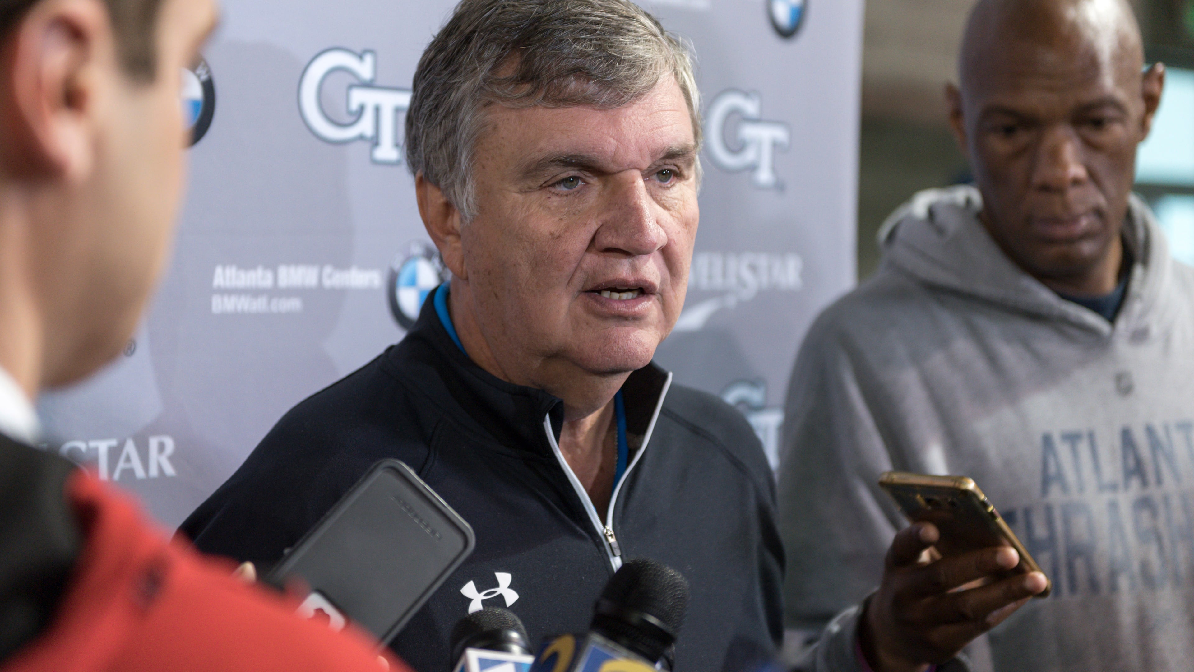 March 17, 2017, Atlanta - Georgia Tech head coach Paul Johnson speaks to reporters during Pro Day at the Georgia Tech Mary R. & John F. Brock practice facility in Atlanta, Georgia, on Friday, March 17, 2017. (DAVID BARNES / SPECIAL)