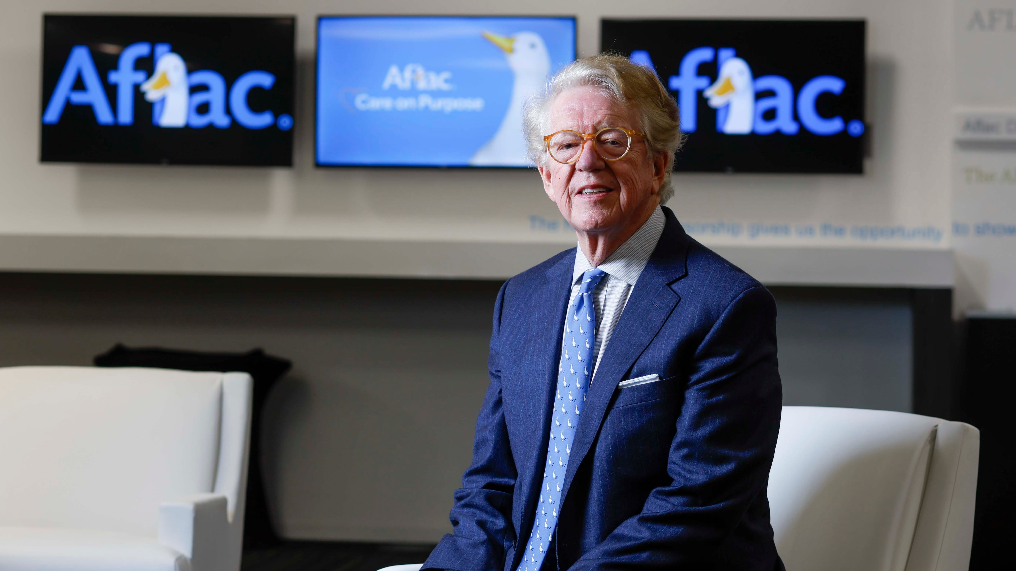 Aflac CEO Dan Amos — pictured posing for a photograph at the company’s headquarters in Columbus in November — is now the longest-serving CEO of a Fortune 250 company following Warren Buffett’s retirement from Berkshire Hathaway. (Miguel Martinez/AJC)