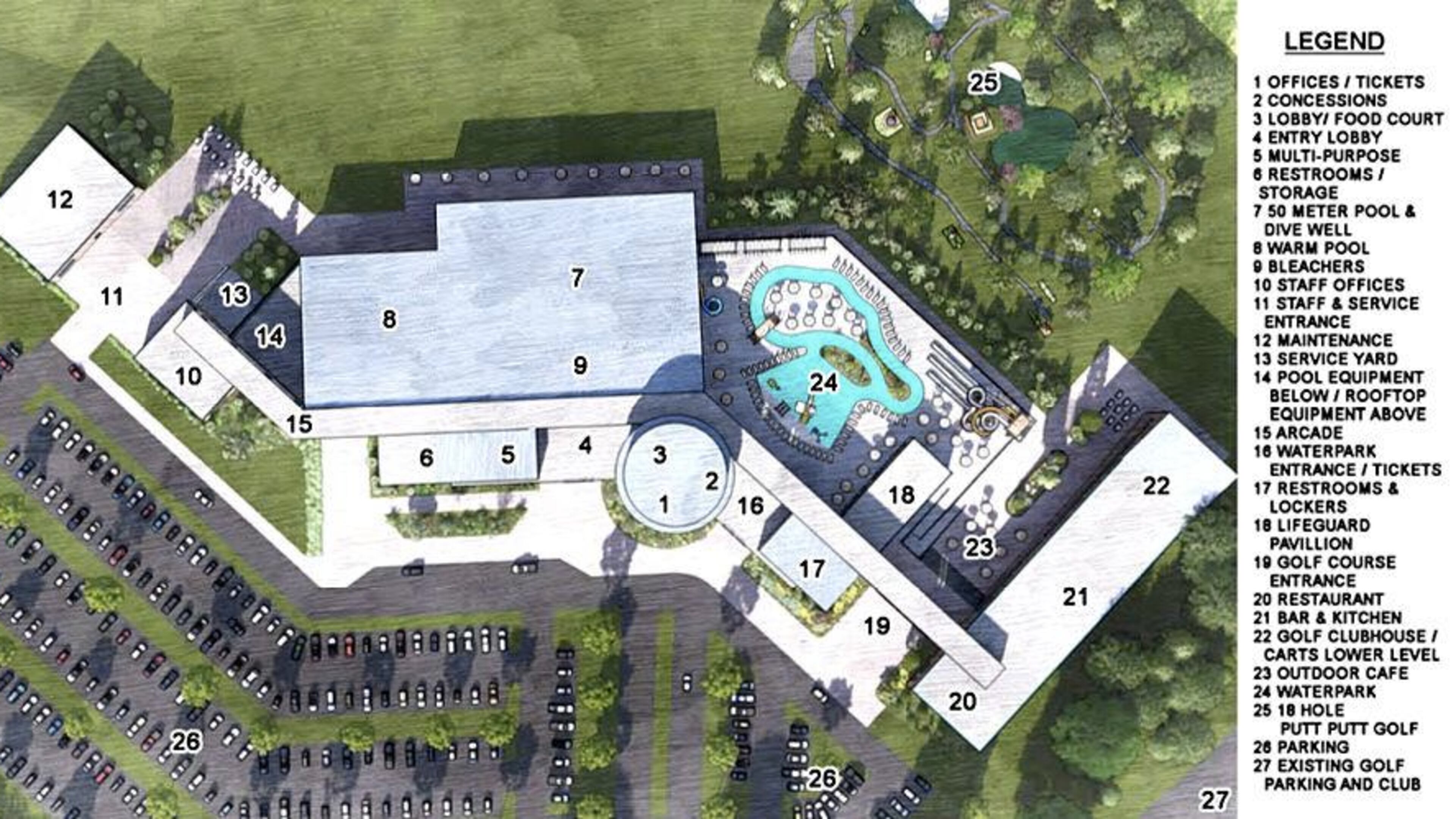 A concept drawing of what the Aquatic Center could look like at Cotton Fields Golf Course. (Handout)