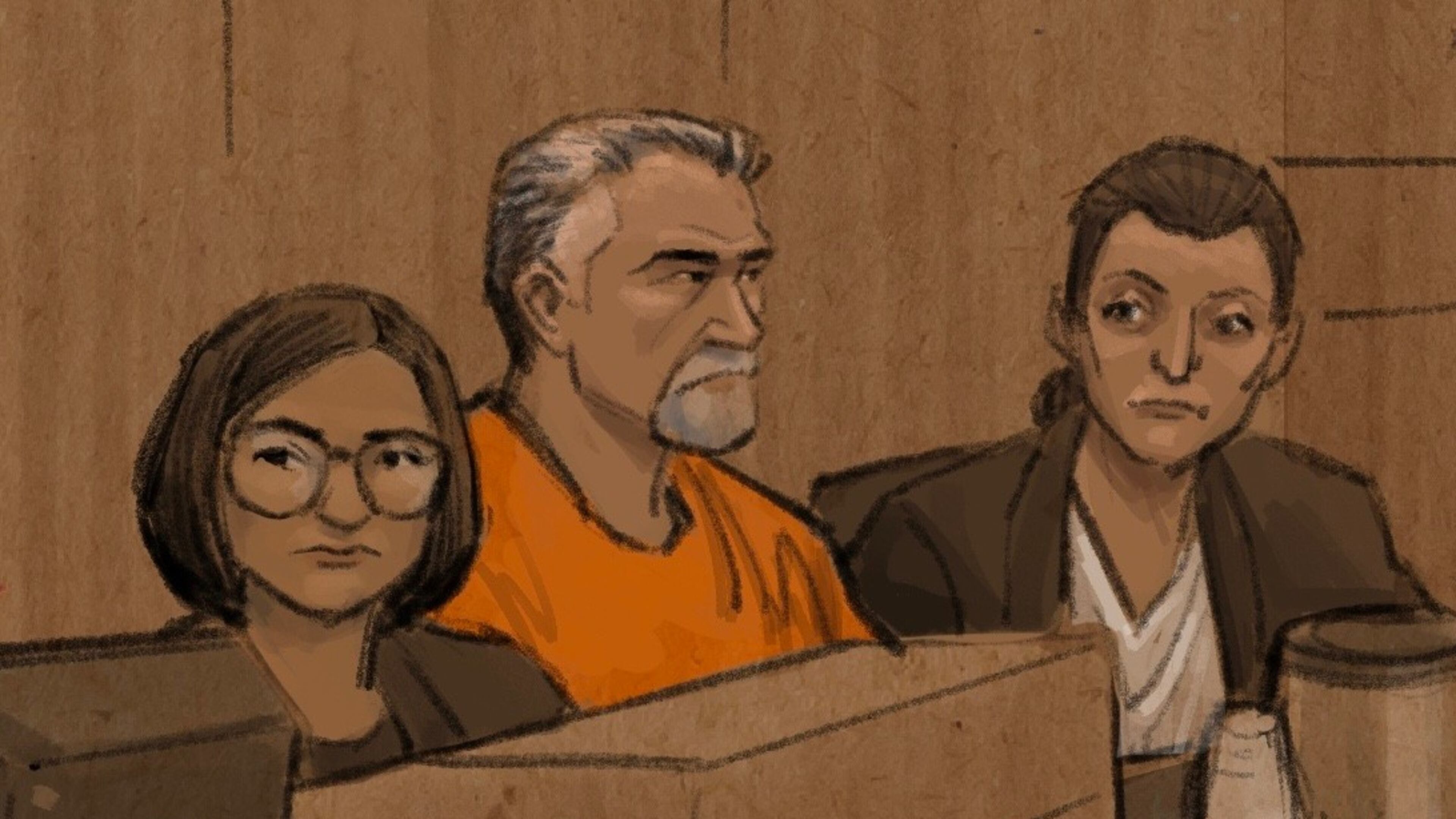 In this courtroom sketch, Vance Boelter, center, listens during his sentencing hearing on Thursday, July 23, 2026, in Minneapolis. (Cedric Hohnstadt via AP)