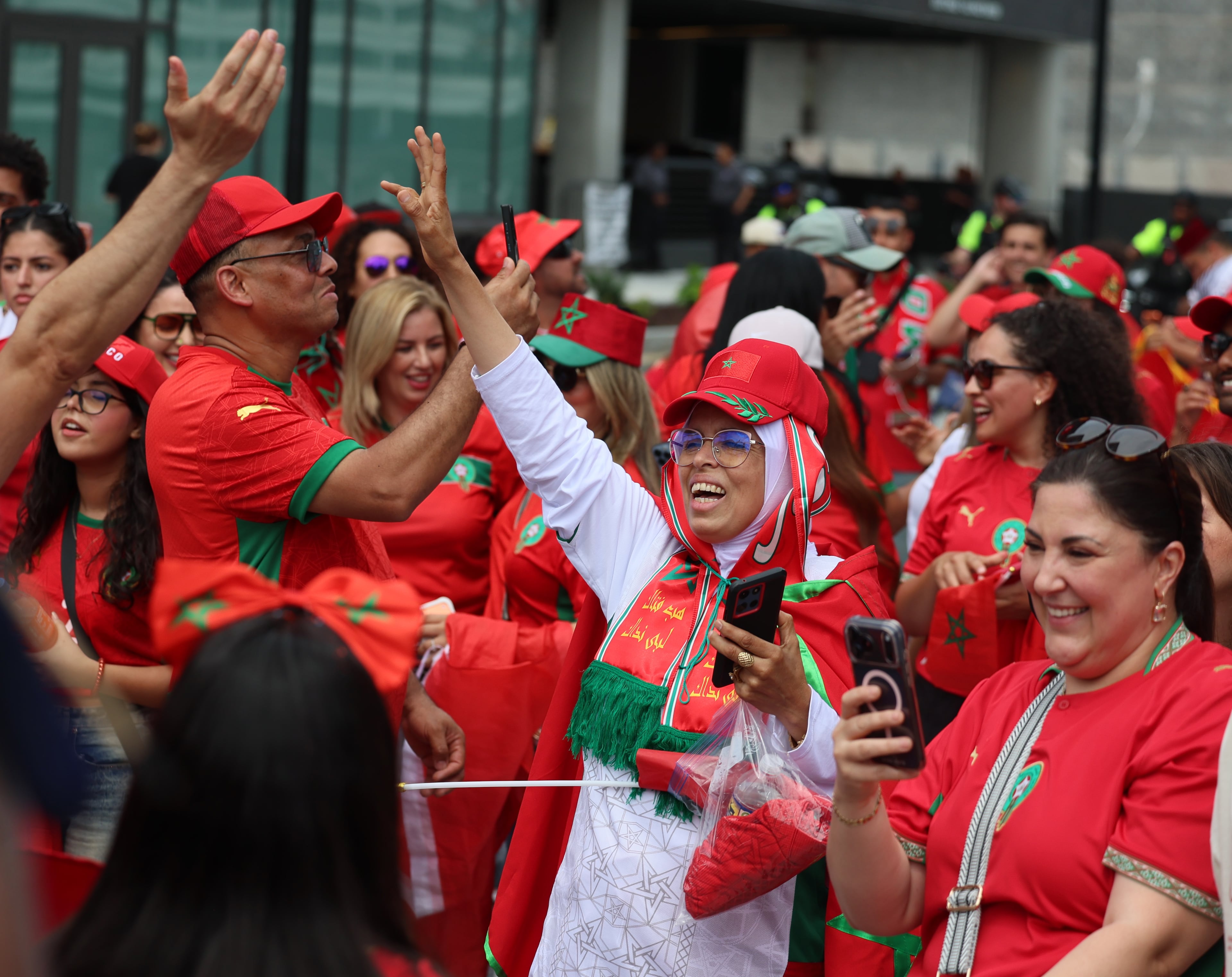 Fans of Morocco march from Founders Green on Broad Street to Atlanta Stadium (Mercedes-Benz Stadium) before the start of the Morocco vs. Haiti Group C match on Wednesday, June 24, 2026. (Jason Getz/AJC)