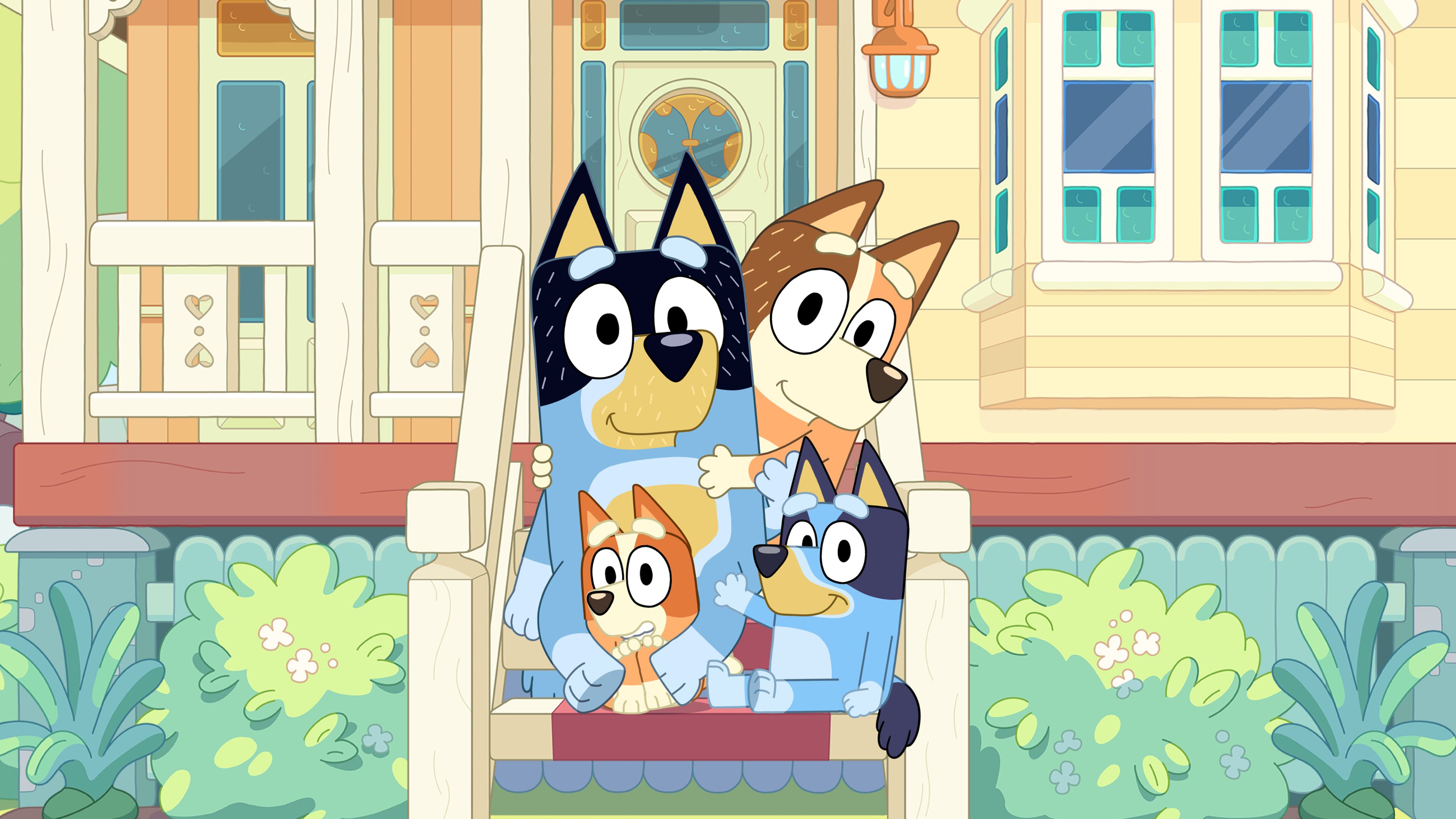 Dad (Bandit), Mum (Chilli), Bluey and Bingo (Bluey's sister) in Ludo Studio's "Bluey."