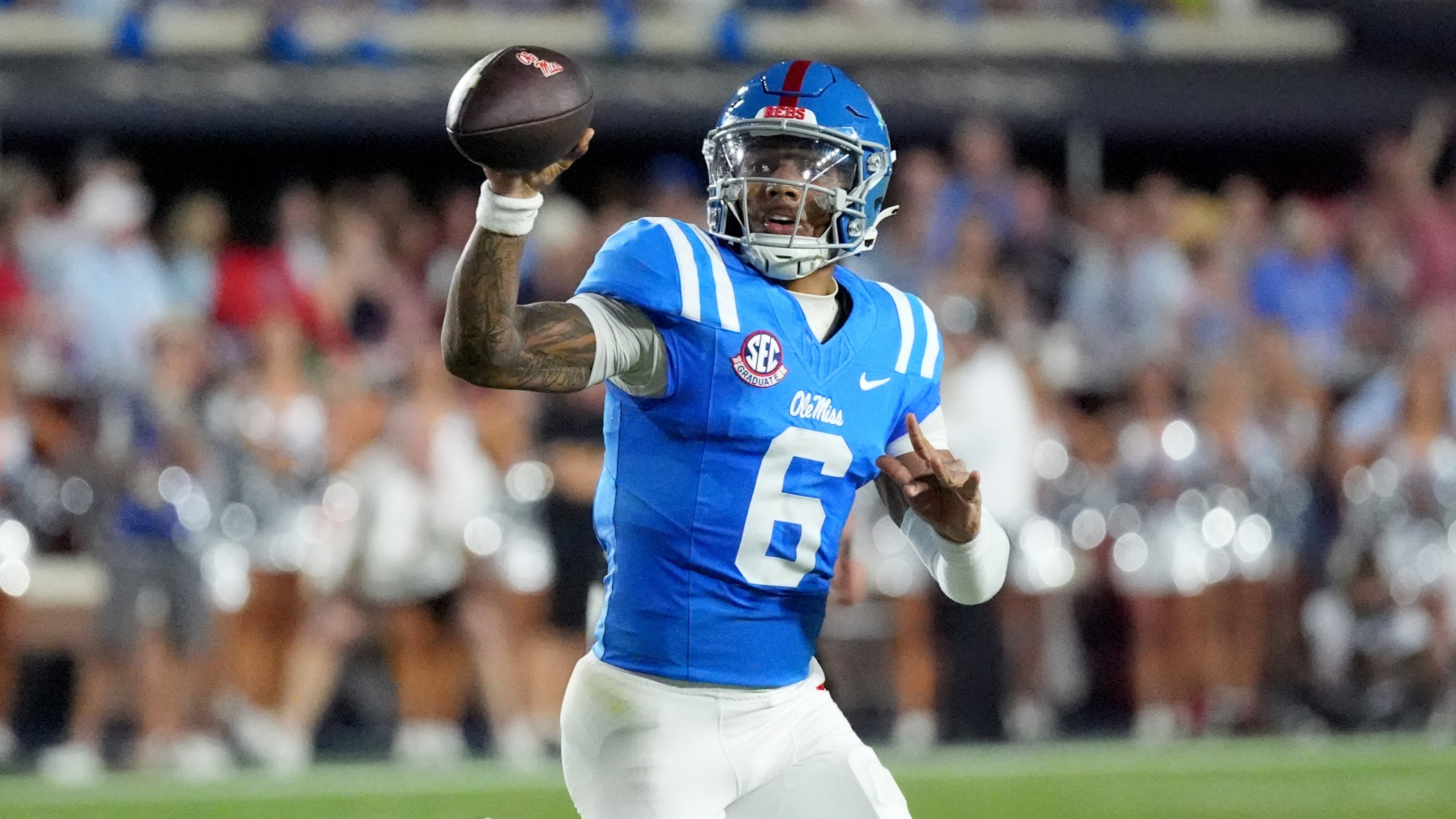 Mississippi quarterback Trinidad Chambliss (6) attempts to pass against LSU during the first half of an NCAA college football game in Oxford, Miss., Saturday, Sept. 19, 2026. (AP Photo/Rogelio V. Solis)