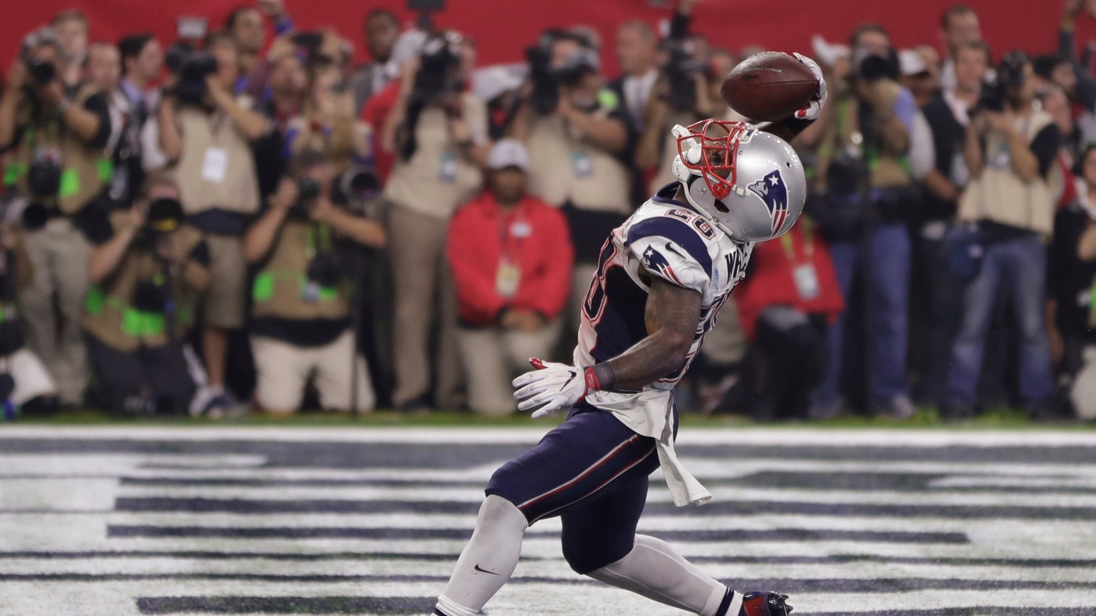 New England Patriots' James White celebrates his touchdown, during the second half of the NFL Super Bowl 51 football game against the Atlanta Falcons, Sunday, Feb. 5, 2017, in Houston. (AP Photo/Matt Slocum)
