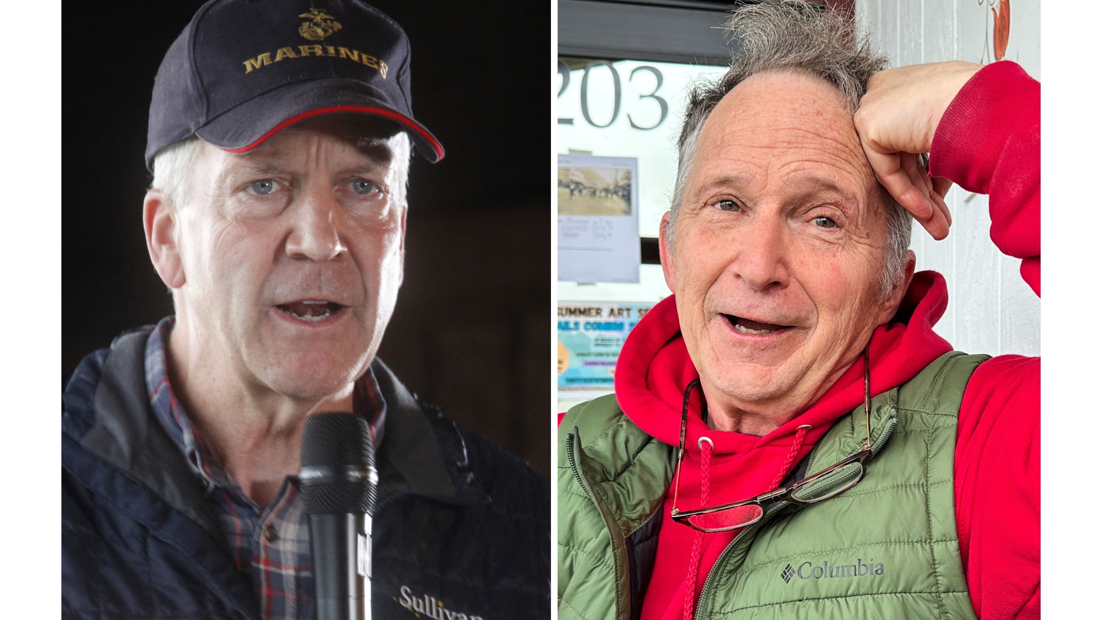 This combo shows U.S. Sen. Dan Sullivan, left, in Palmer, Alaska, on Aug. 17, 2026 and a candidate in Alaska's U.S. Senate race, Dan Sullivan, right, in Petersburg, Alaska, on July 3, 2026. (AP Photos/Mark Thiessen/Becky Bohrer)