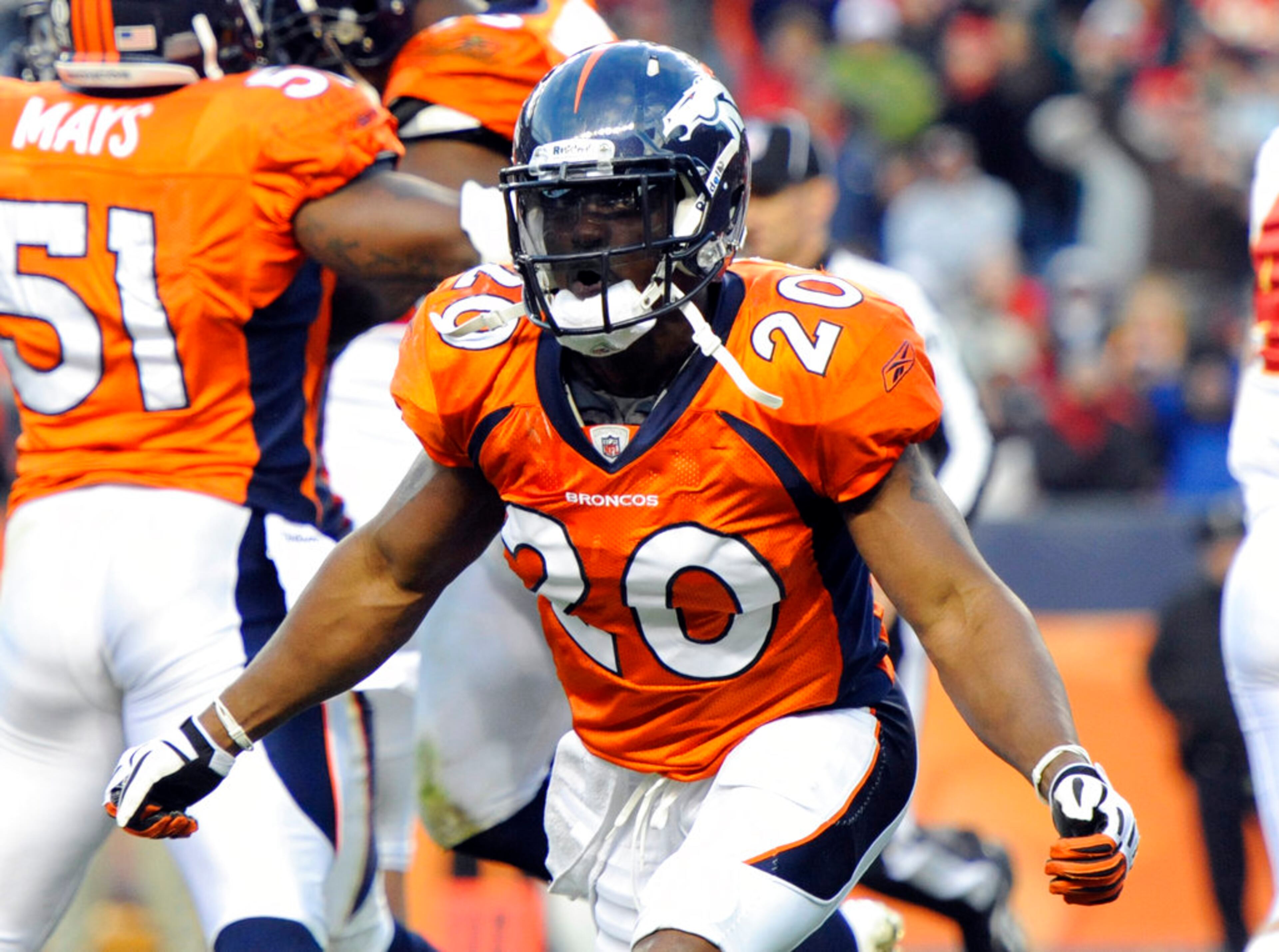 FILE - In this Nov. 14, 2010 file photo, Denver Broncos safety Brian Dawkins celebrates a goal line stand against the Kansas City Chiefs during an NFL football game in Denver. Dawkins was elected to the Pro Football Hall of Fame on Saturday, Feb. 3, 2018. (AP Photo/Jack Dempsey, File)