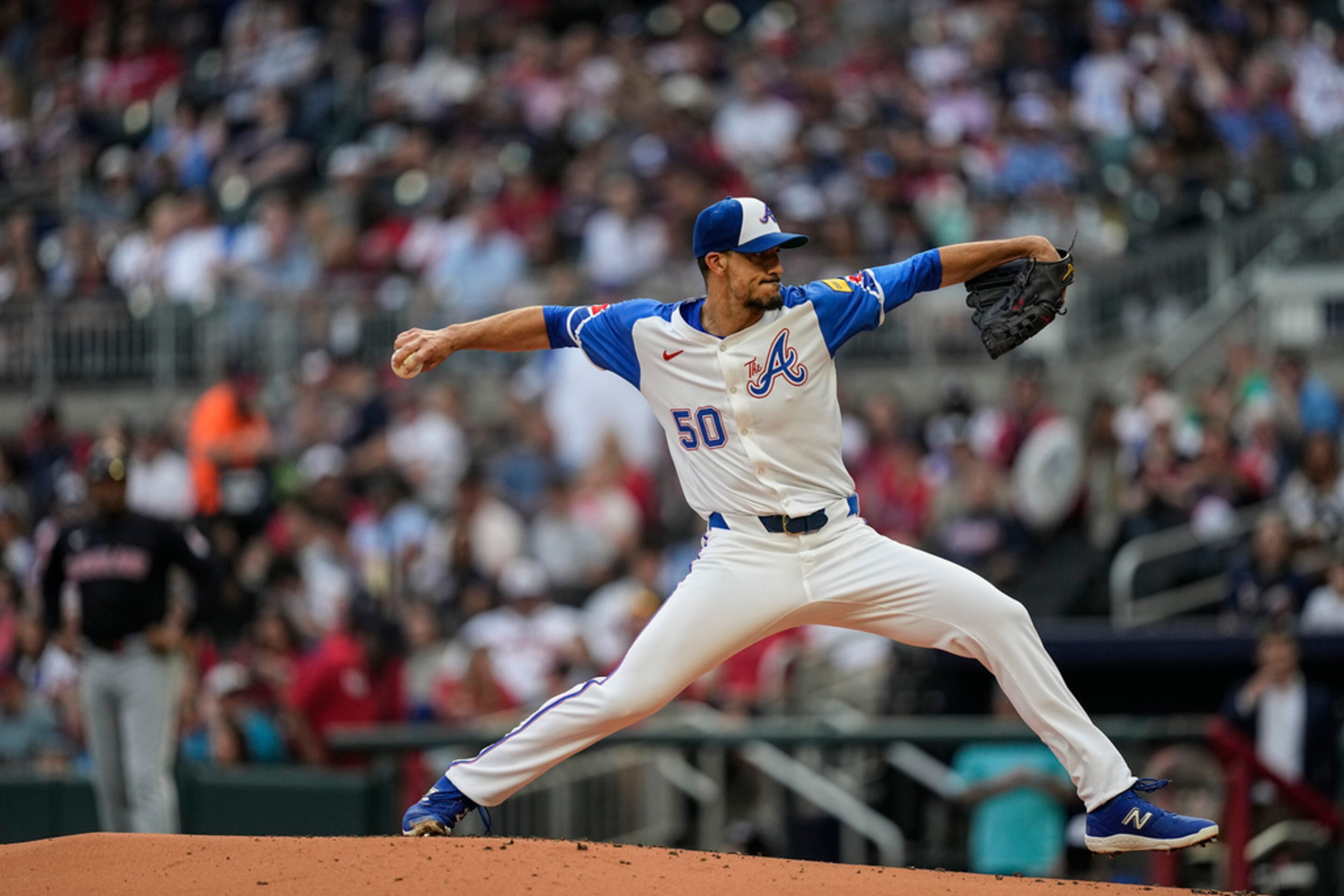 Atlanta Braves pitcher Charlie Morton (50) works in the first inning of a baseball game against the Cleveland Guardians, Saturday, April 27, 2024, in Atlanta. (AP Photo/Mike Stewart)