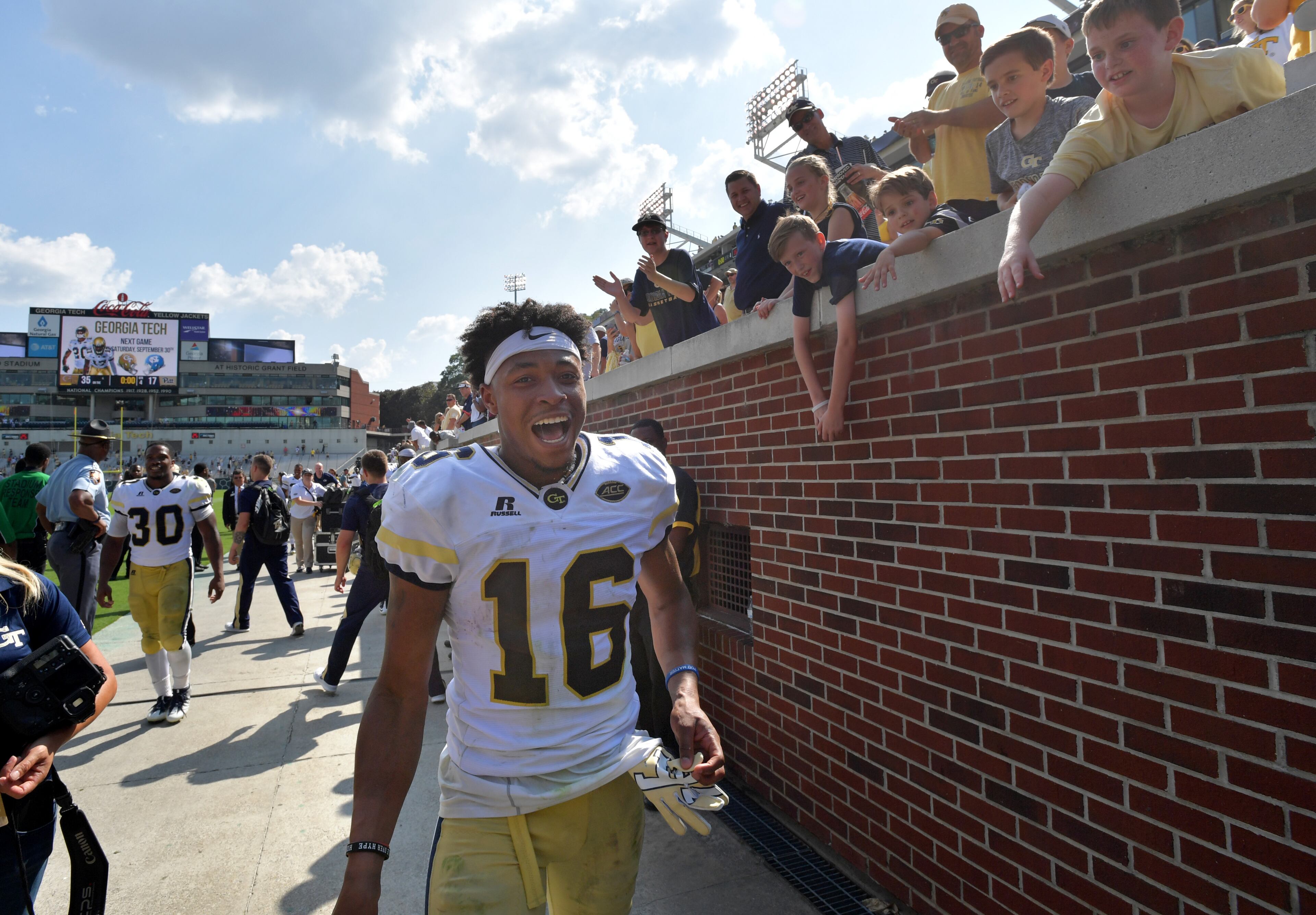 September 23, 2017 Atlanta - Georgia Tech quarterback TaQuon Marshall (16) smiles as he leaves the football field during an NCAA college football game at Bobby Dodd Stadium on Saturday, September 23, 2017. Georgia Tech won 35 - 17 over the Pittsburgh. HYOSUB SHIN / HSHIN@AJC.COM