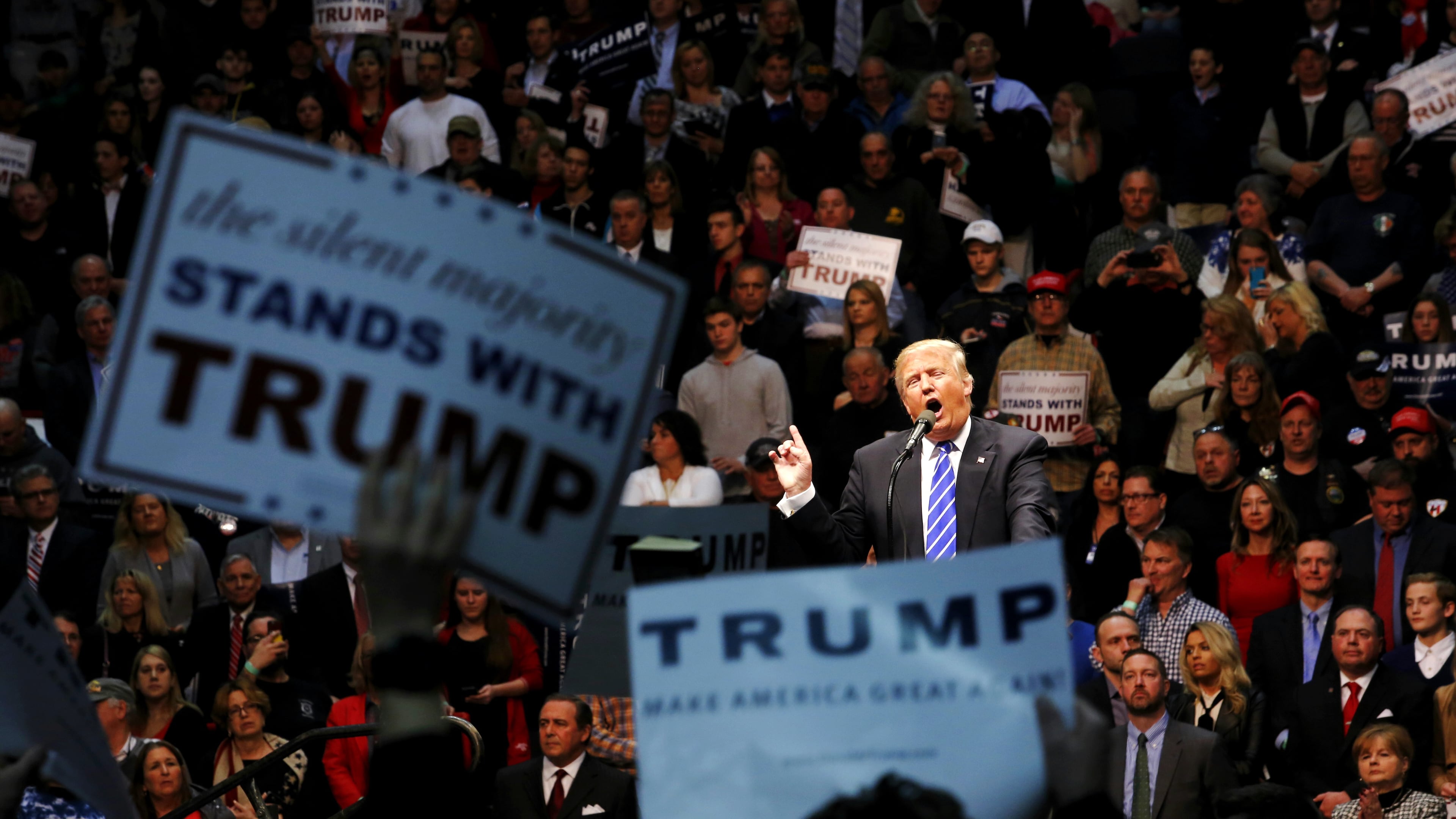 ALBANY, NEW YORK - APRIL 11: Republican presidential candidate Donald Trump speaks at a campaign rally on April 11, 2016 in Albany, New York. The New York Democratic primary is scheduled for April 19th. (Photo by Eduardo Munoz Alvarez/Getty Images)