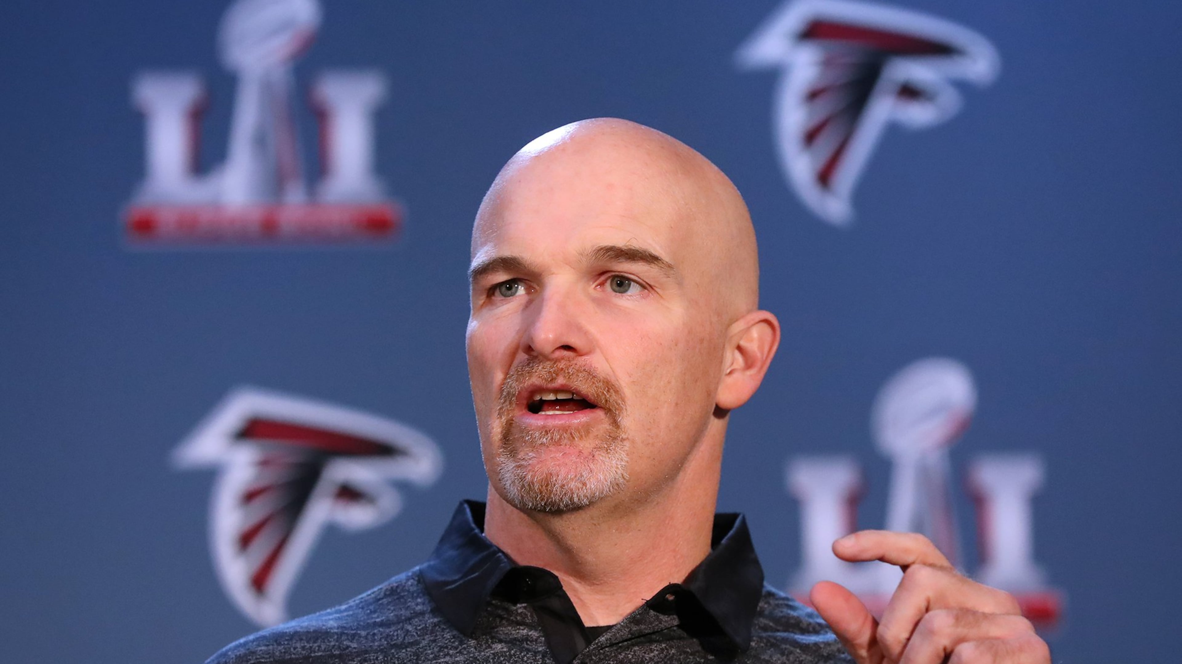 February 2, 2017, Houston: Falcons head coach Dan Quinn holds his press conference during Super Bowl media availability at Memorial City Mall ice arena on Wednesday, Feb. 1, 2017, in Houston. Curtis Compton/ccompton@ajc.com
