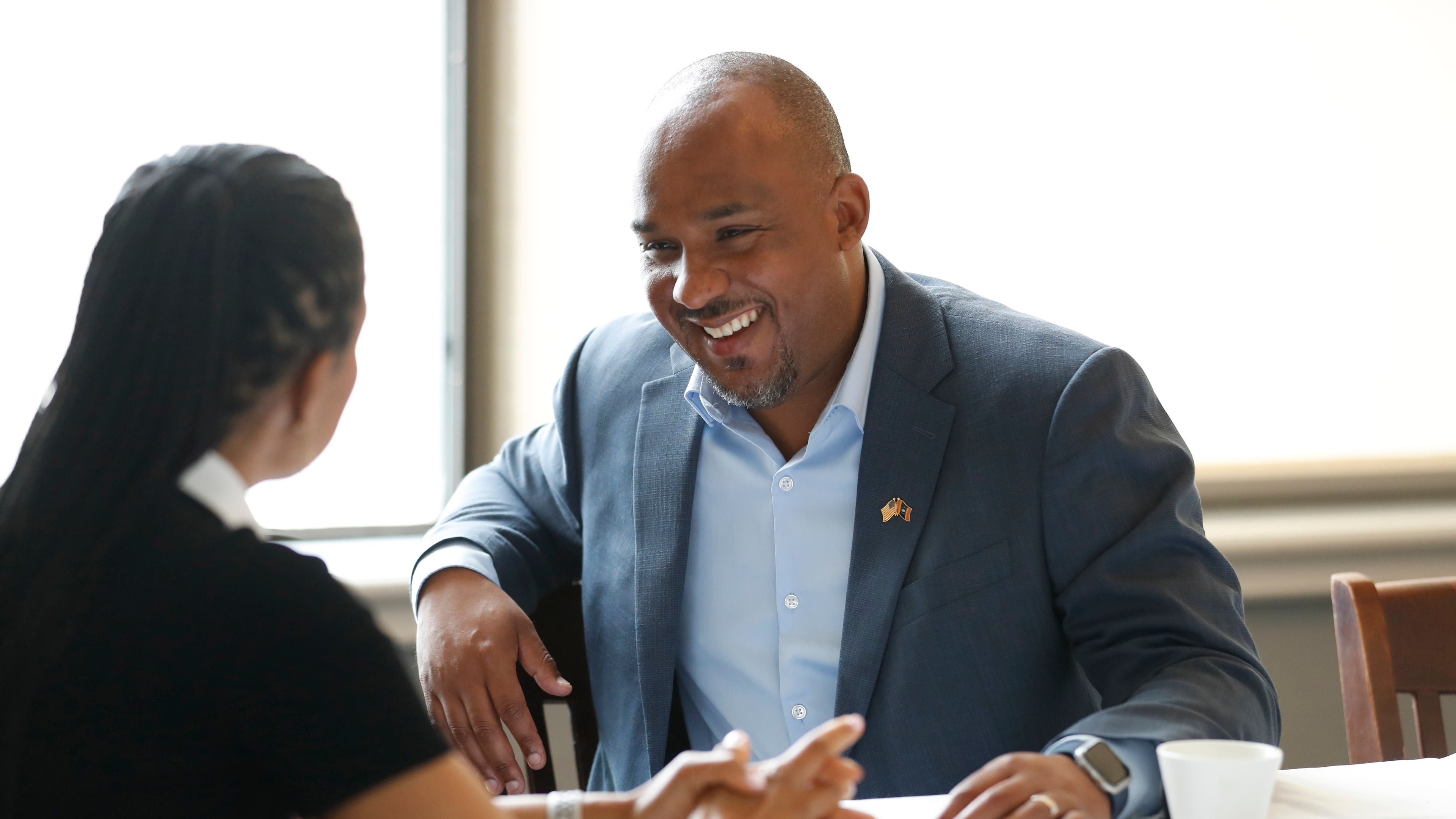 Mississippi Democratic U.S. Senate candidate Scott Colom speaks with Sen. Angela Alsobrooks, D-Md., before a campaign event at the Capital Club in Jackson, Miss., Saturday, Aug. 1, 2026. (AP Photo/Sarah Warnock)