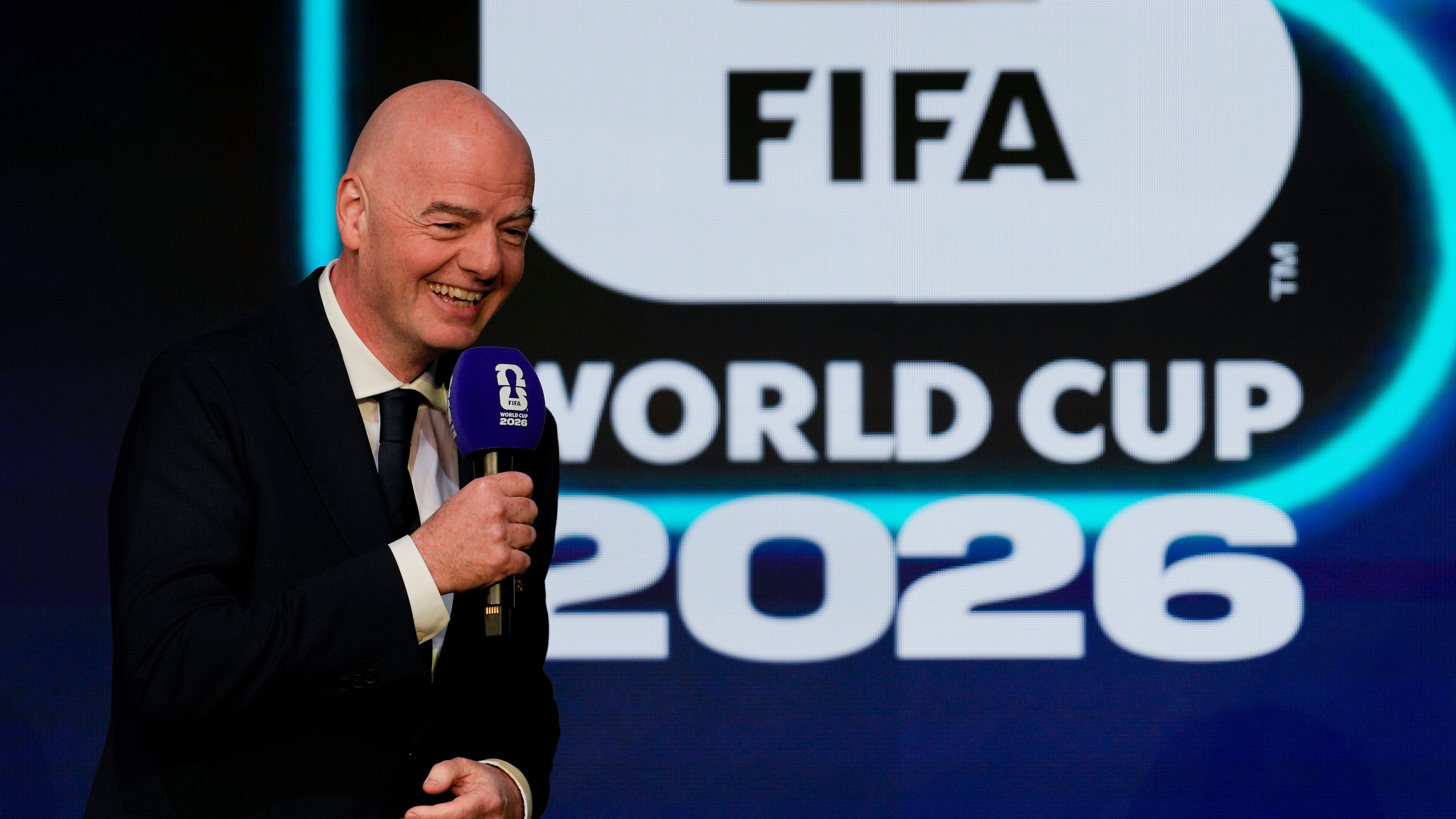 FILE - FIFA President Gianni Infantino speaks during the match schedule reveal for the 2026 soccer World Cup in Washington, Saturday, Dec. 6, 2025. (AP Photo/Chris Carlson, File)