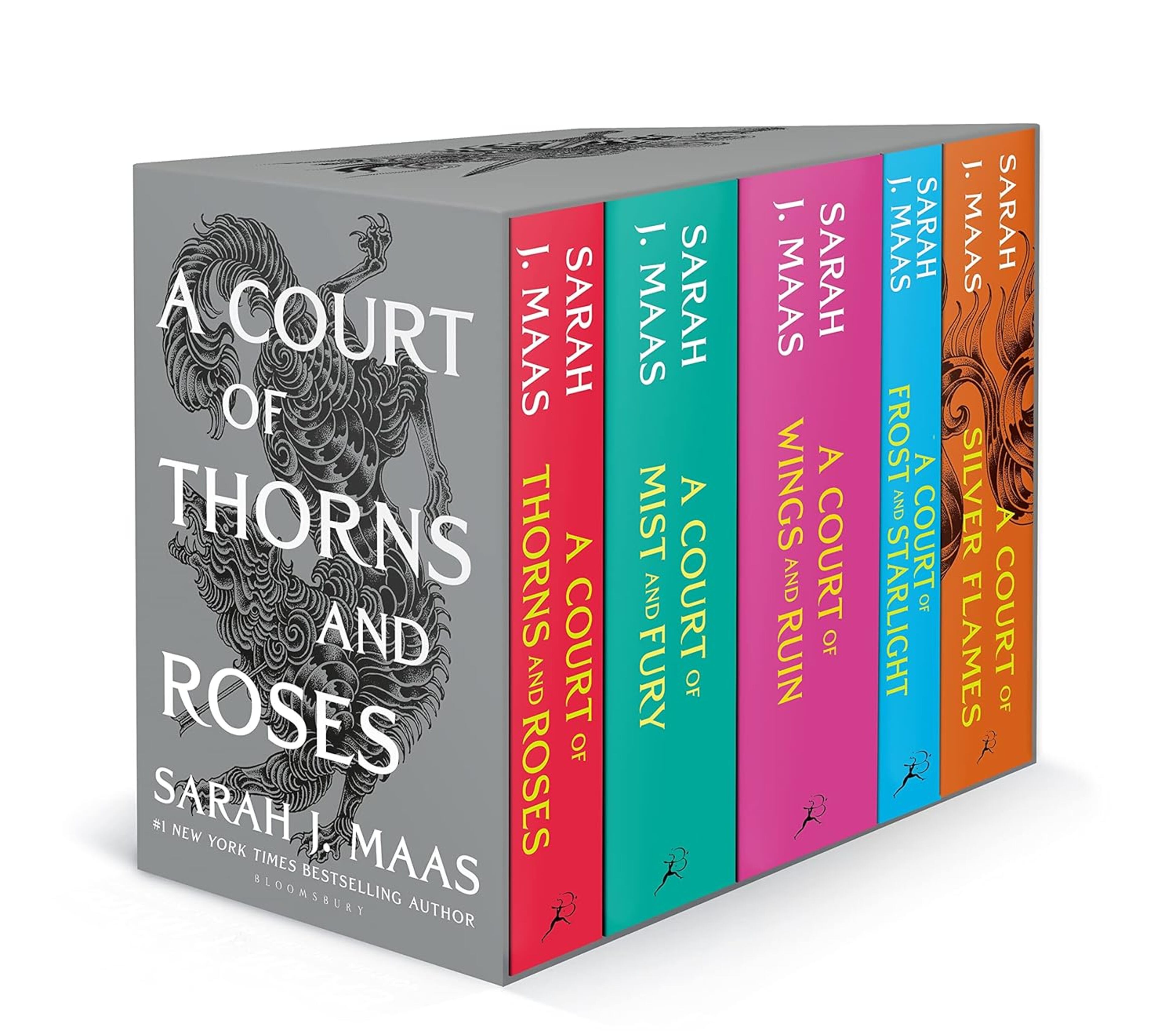 "A Court of Thrones and Roses," "A Court of Mist and Fury," "A Court of Wings and Ruin," "A Court of Frost and Starlight," and "A Court of Silver Flames" by Sarah J. Maas