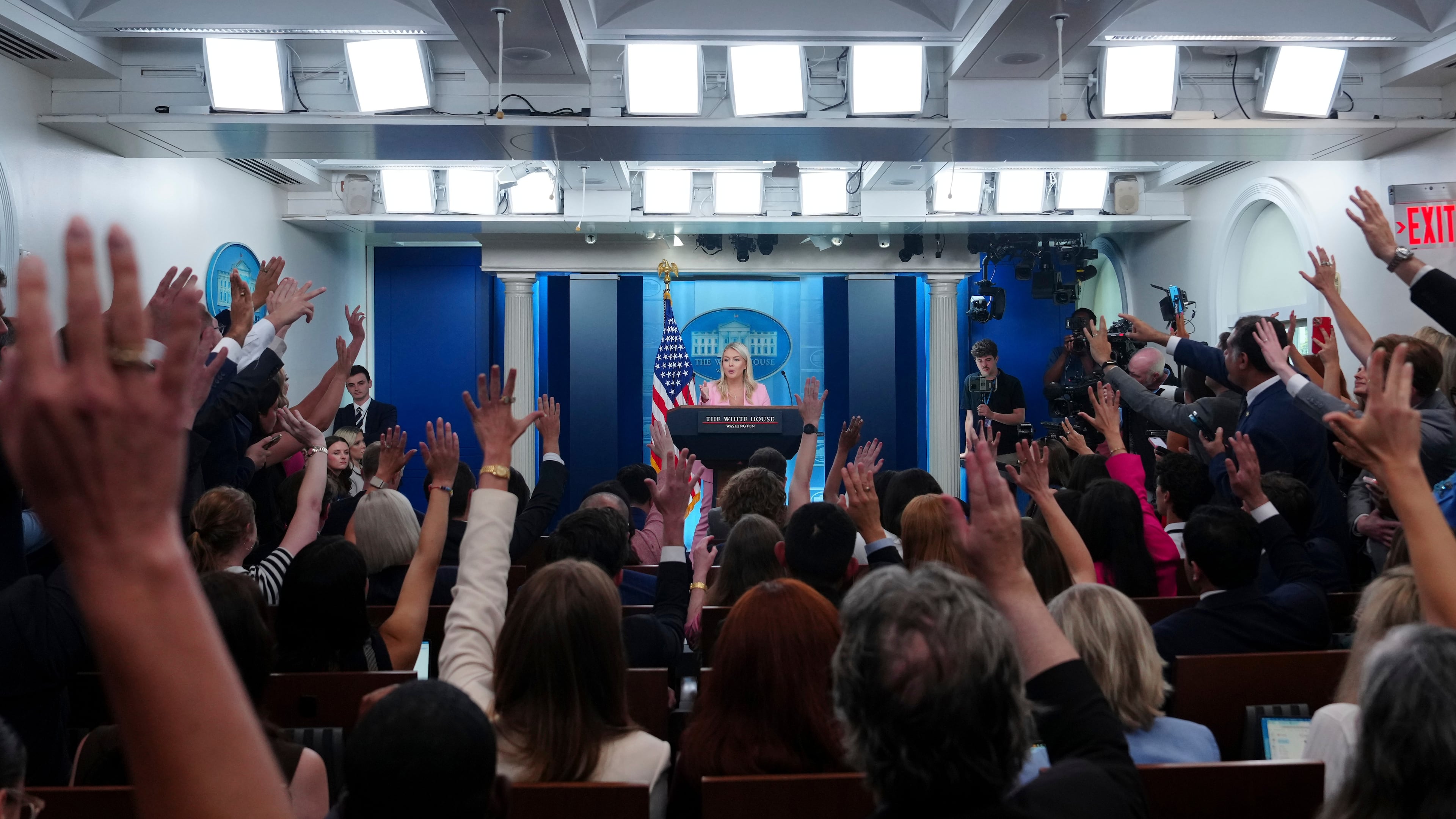 White House press secretary Karoline Leavitt speaks with reporters in the James Brady Press Briefing Room at the White House, Thursday, July 16, 2026, in Washington. (AP Photo/Julia Demaree Nikhinson)