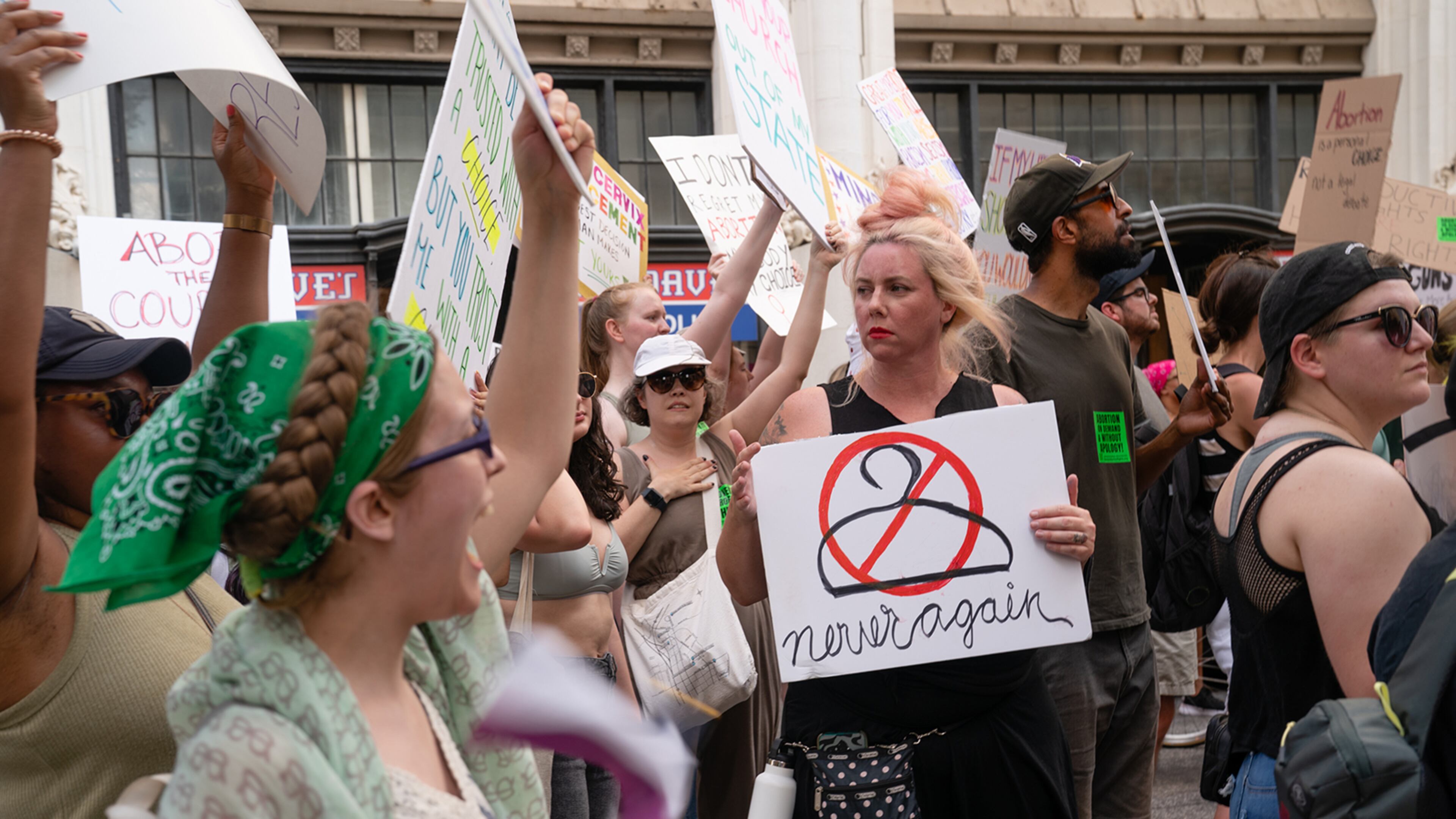 People march in the street during a protest against the Supreme Court's ruling in the Dobbs v Jackson Women's Health Organization on June 25, 2022, in Atlanta, Georgia. The Court's decision in the Dobbs v Jackson Women's Health case overturns the landmark 50-year-old Roe v Wade case, removing a federal right to an abortion. (Elijah Nouvelage/Getty Images/TNS)