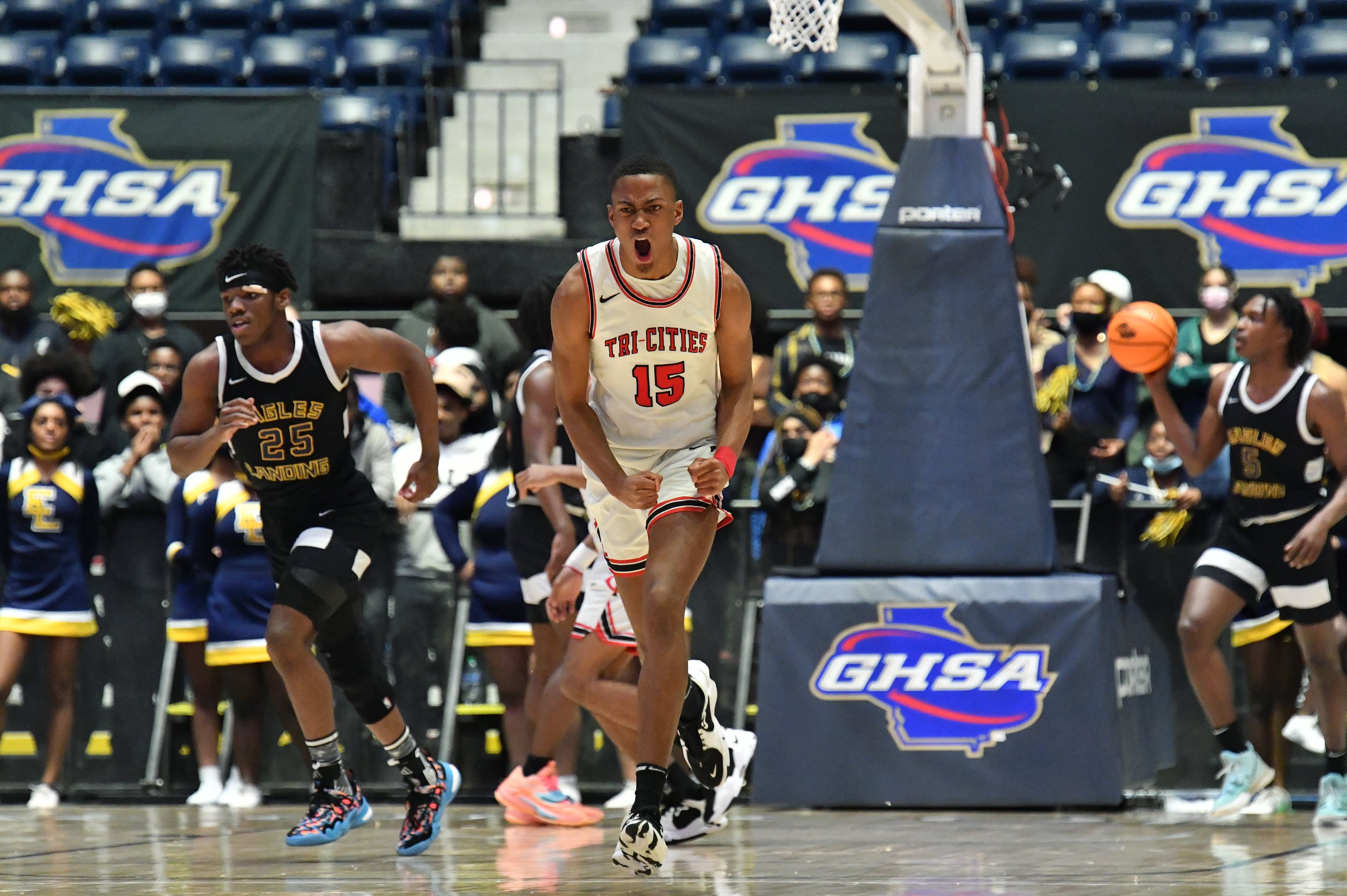 Tri-Cities' William Norwood (15) reacts after scoring during the 2022 GHSA State Basketball Class AAAAA Boys Championship game at the Macon Centreplex in Macon on Thursday, March 10, 2022. (Hyosub Shin / Hyosub.Shin@ajc.com)