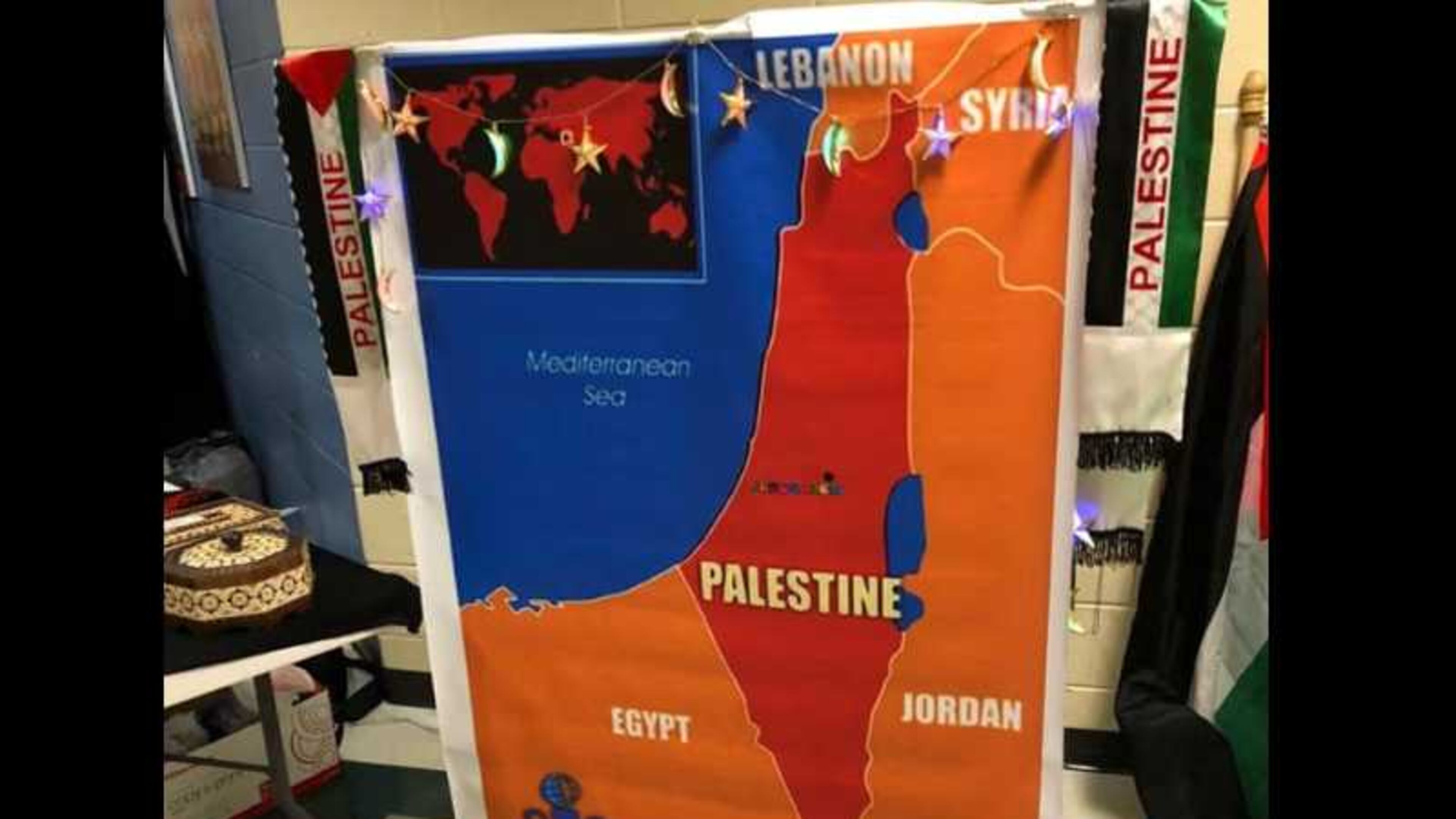 This edited map, which replaces Israel with Palestine, was displayed during Autrey Mill Middle School's multicultural night in Alpharetta on Thursday, March 7, 2019. The principal denounced it in a letter to parents the next day. (Courtesy of Fulton County Schools)