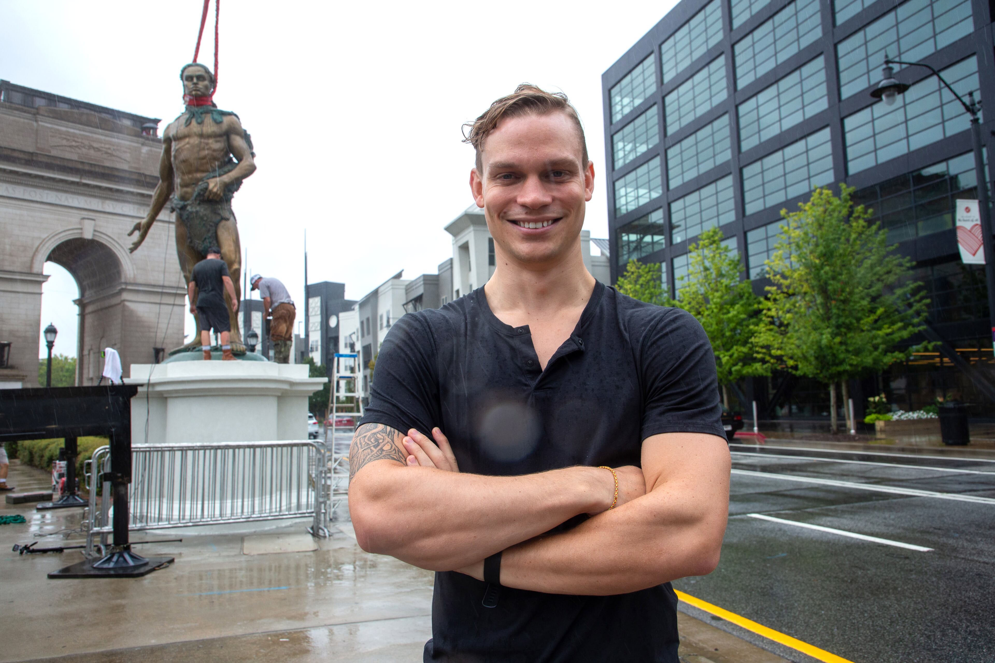 Matt Thomas, who modeled for the Tomochichi statue, stands in front of it as it’s being installed at Millennium Gate Museum on 17th St. Monday, September 20, 2021. STEVE SCHAEFER FOR THE ATLANTA JOURNAL-CONSTITUTION
