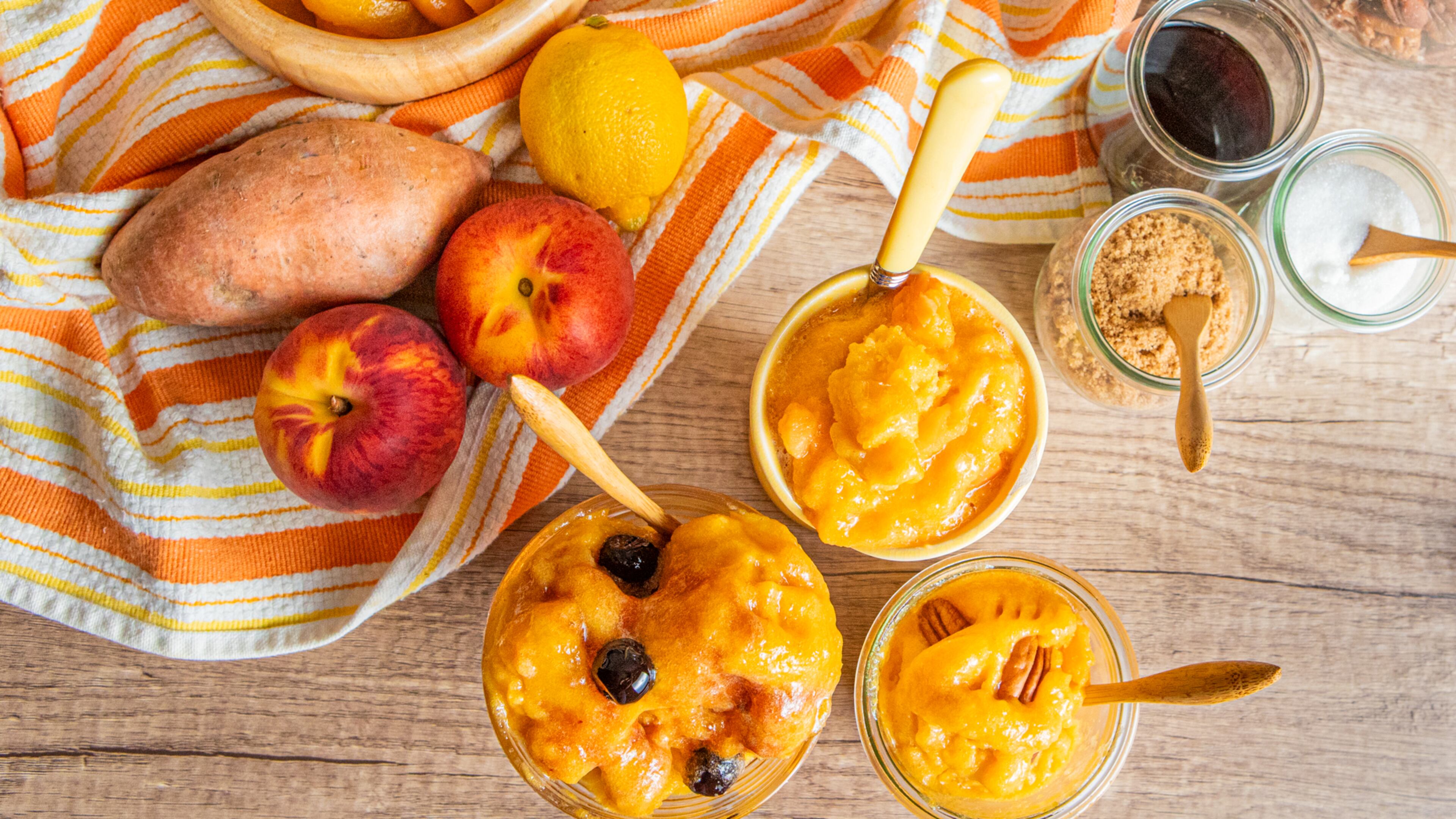 This trio of easy peach sorbet recipes captures the best of summer Southern flavors. Shown here with their ingredients are (from left) Peach & Bourbon Sorbet, Peach & Roasted Sweet Potato Sorbet and Peach & Brown Butter Pecan Sorbet. (Aaliyah Man for the AJC/Food styling by Jennifer Hill Booker)