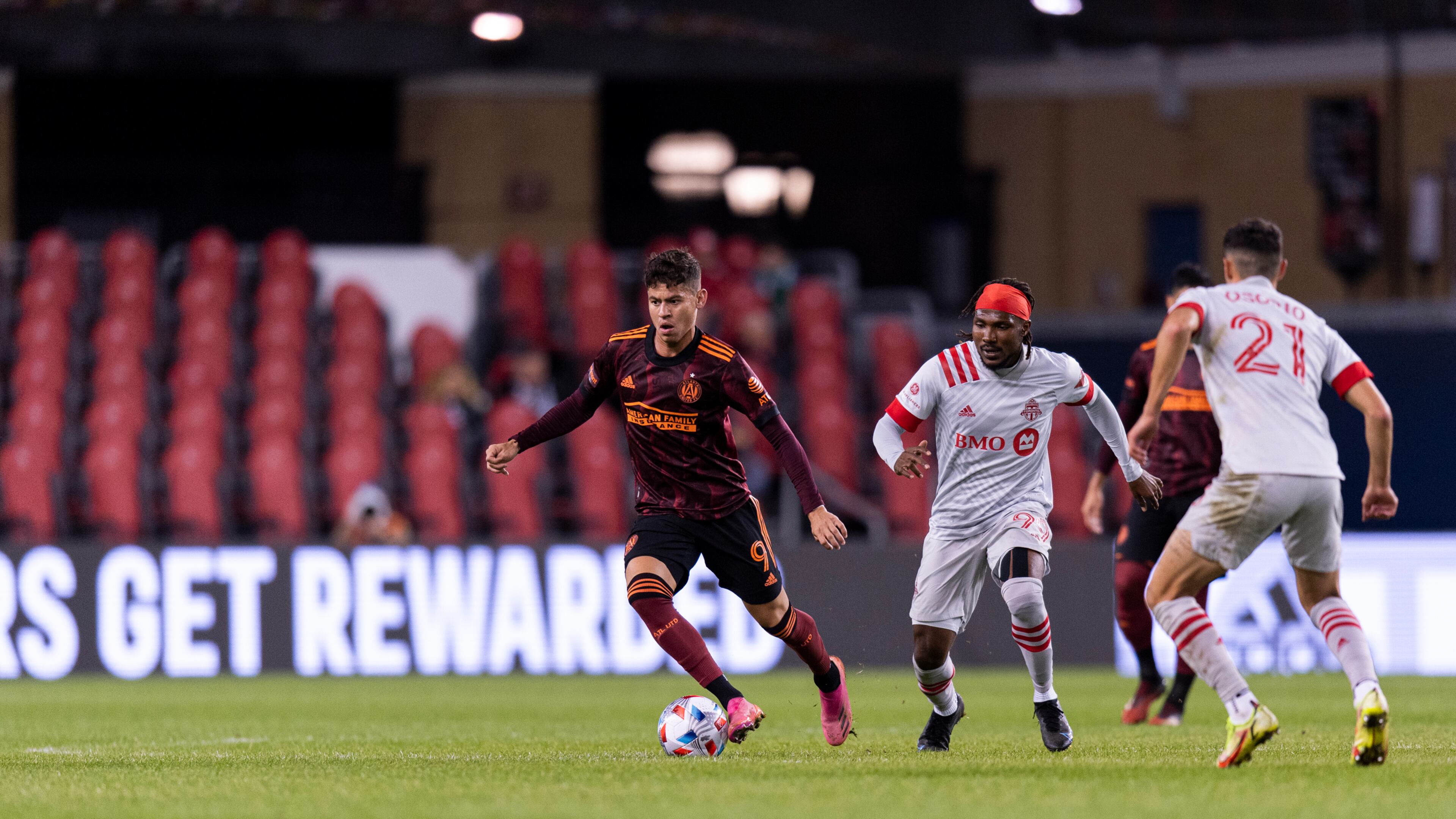 Atlanta United midfielder Matheus Rossetto #9 dribbles the ball during the match against Toronto FC at BMO Training Ground in Toronto, Ontario on Saturday October 16, 2021. (Photo by Jacob Gonzalez/Atlanta United)