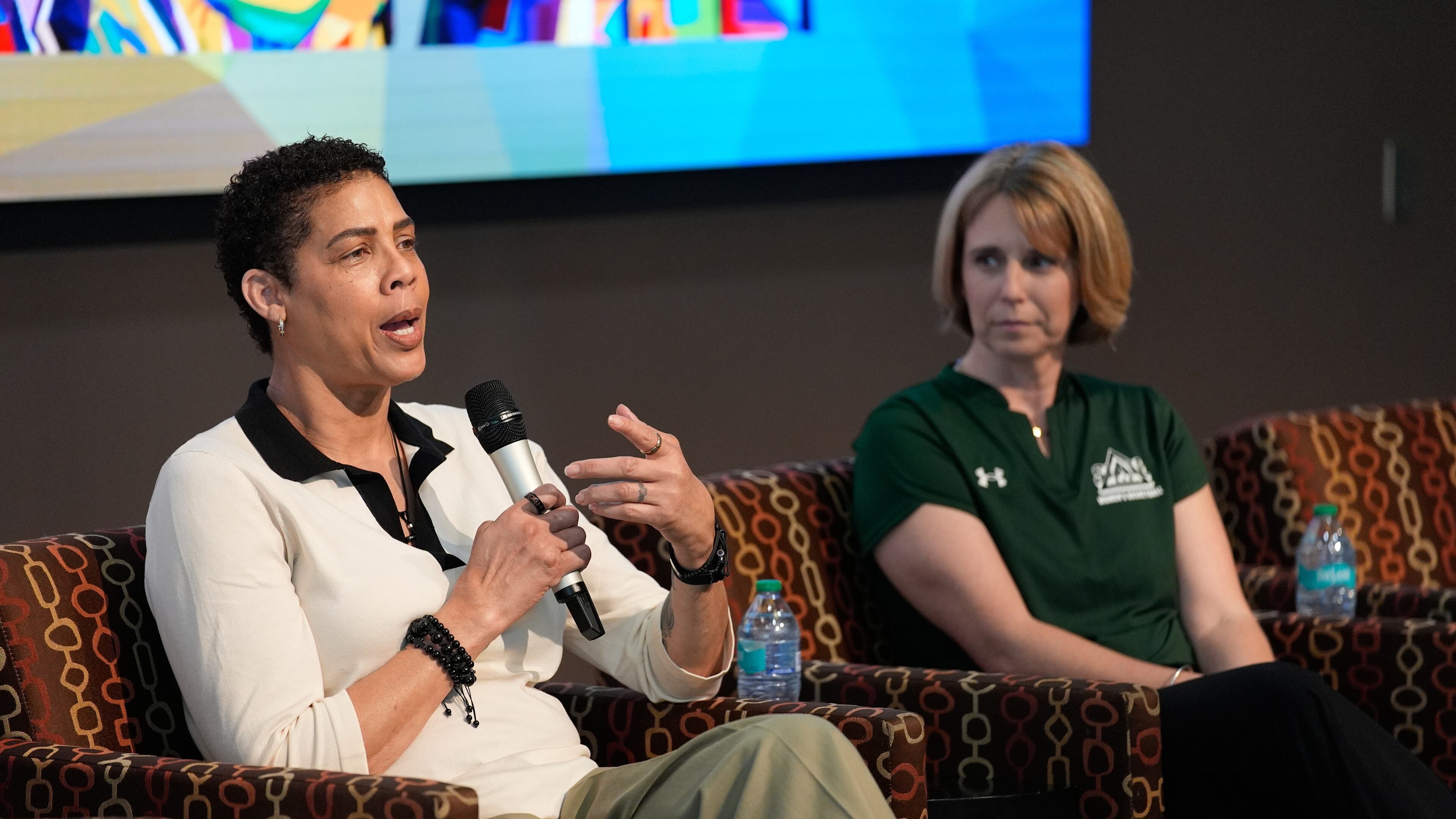 Former Basketball player Cheryl Miller speaks beside Julie Church, Delta State women's basketball assistant coach, during an event Thursday, April 2, 2026, in Phoenix. (AP Photo/John Locher)