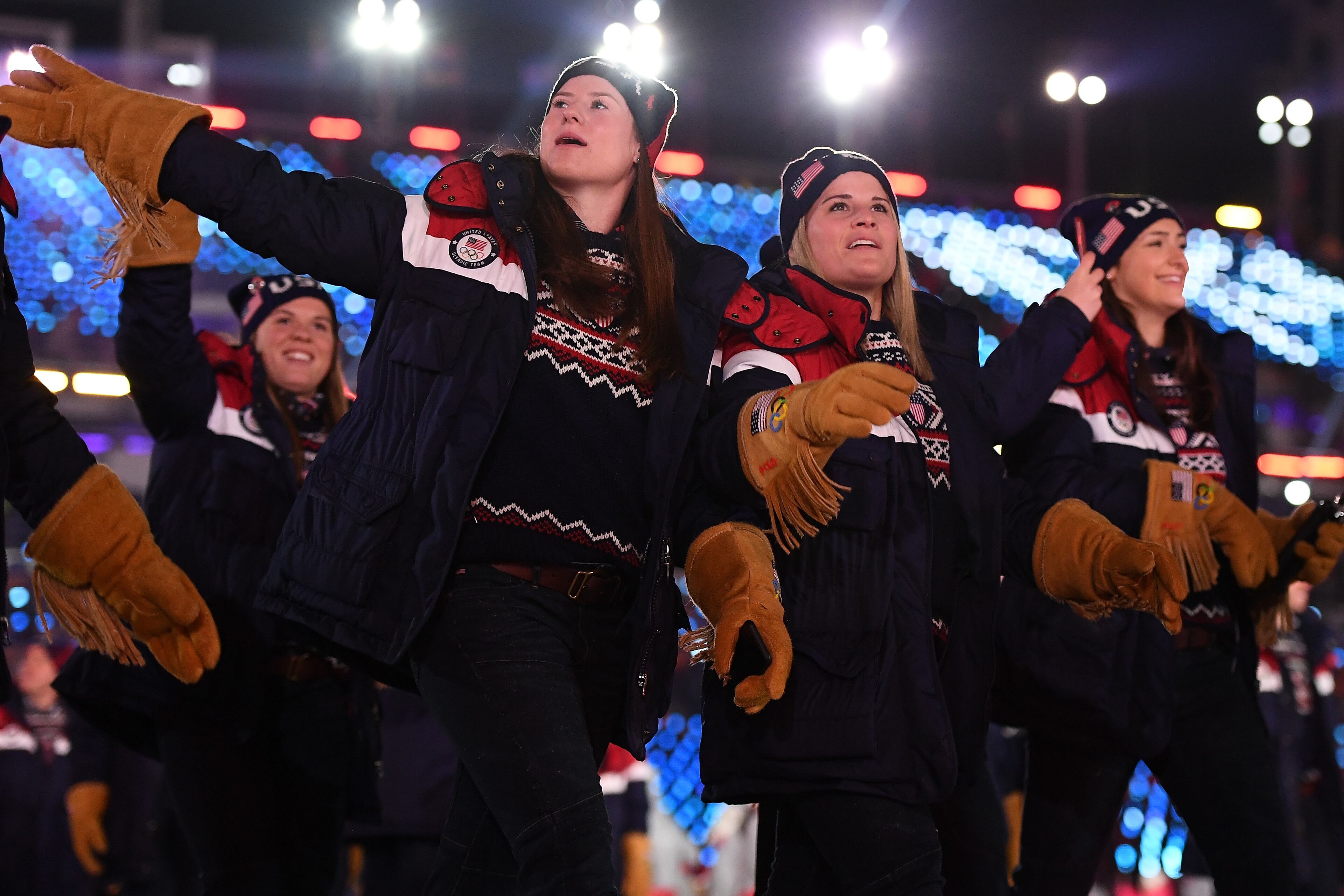 PYEONGCHANG-GUN, SOUTH KOREA - FEBRUARY 09: Members of Team USA walk during the Opening Ceremony of the PyeongChang 2018 Winter Olympic Games at PyeongChang Olympic Stadium on February 9, 2018 in Pyeongchang-gun, South Korea. (Photo by Quinn Rooney/Getty Images)
