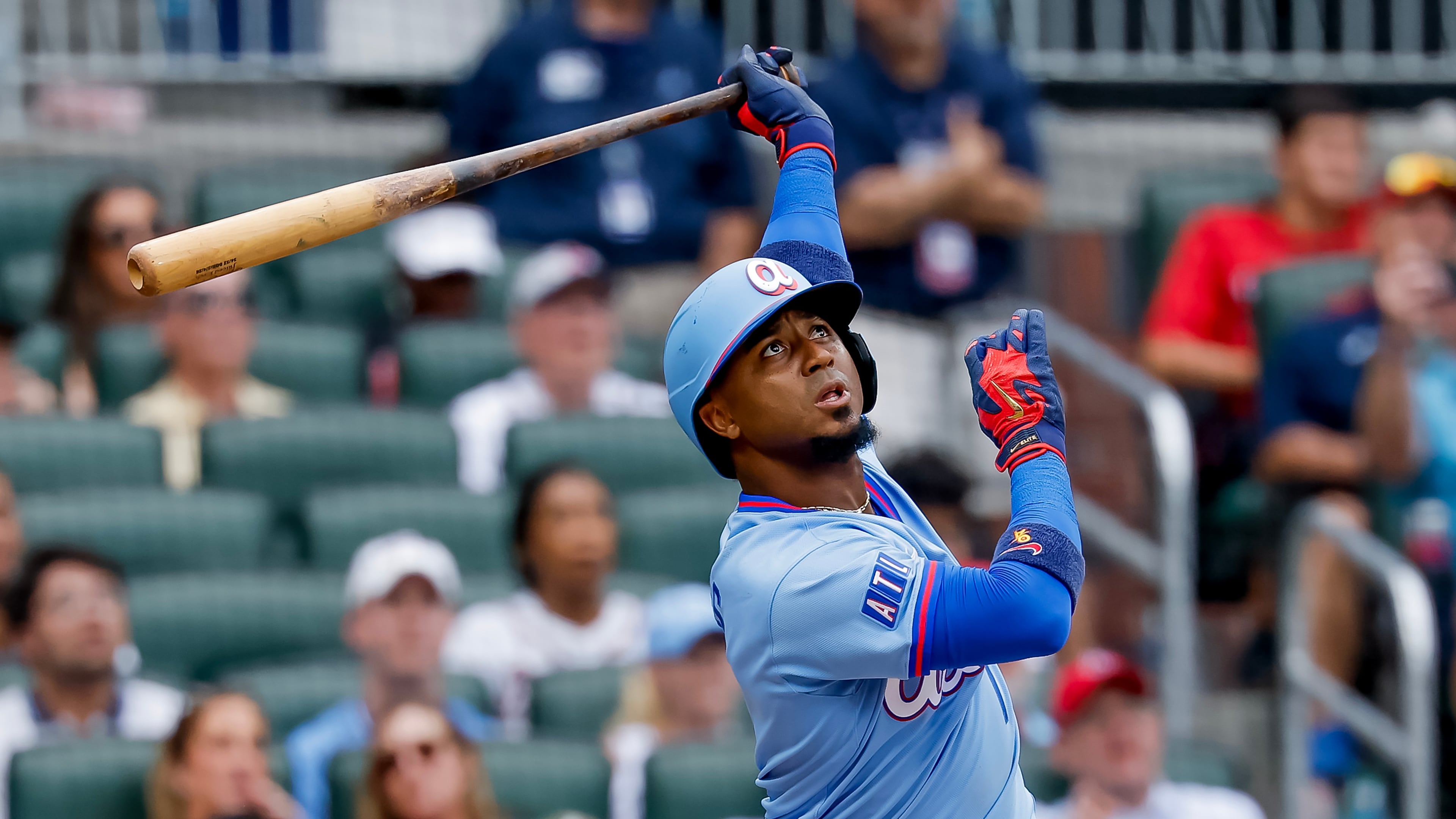 Atlanta Braves' Ozzie Albies watches his winning two-run home run against the Milwaukee Brewers during the ninth inning of a baseball game, Saturday, June 20, 2026, in Atlanta. (AP Photo/Erik S. Lesser)