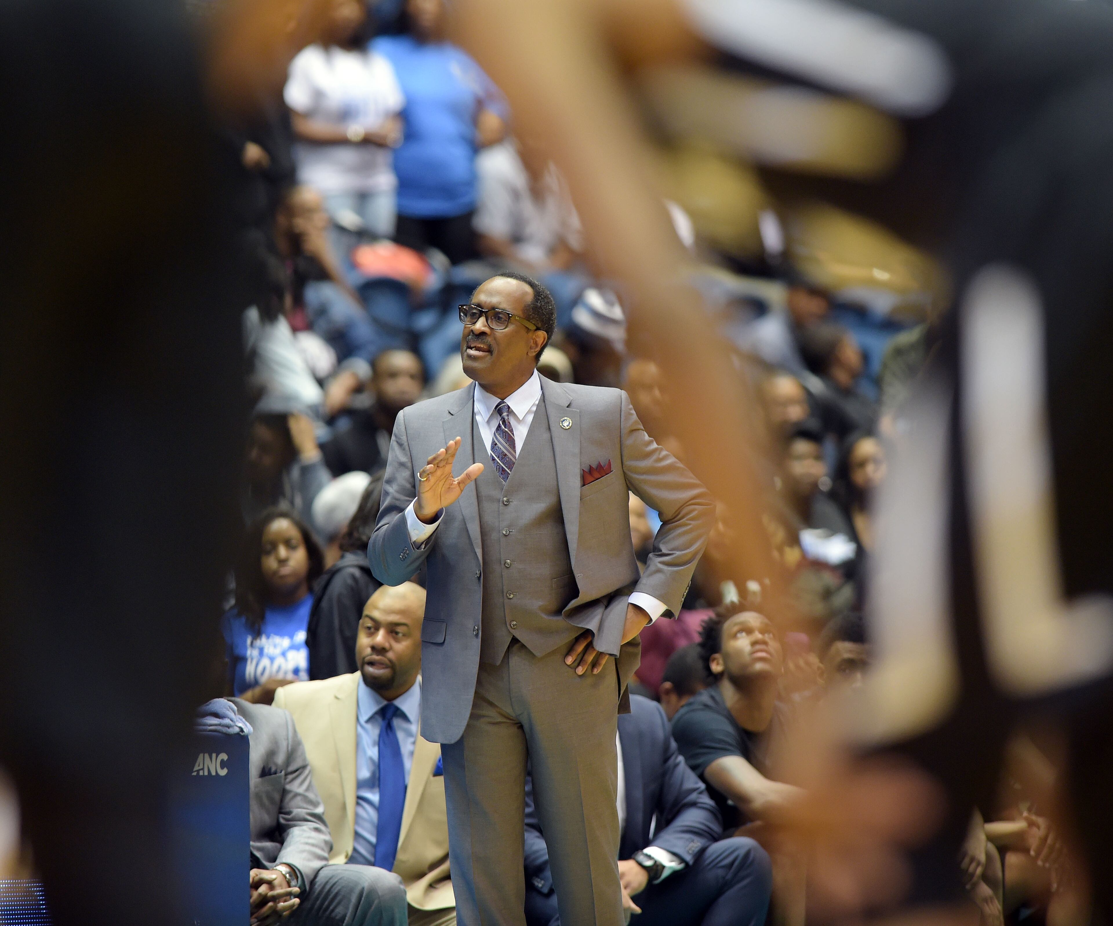 MARCH 5, 2016 MACON Westlake Lions head coach Darron Rogers disputes a call as the Westlake Lions and the Pebblebrook Falcons play in the Class AAAAAA boys championship at the Macon Coliseum Saturday, March 5, 2016. The Westlake Lions beat the Pebblebrook Falcons, 68-58 for the championship. KENT D. JOHNSON/ kdjohnson@ajc.com