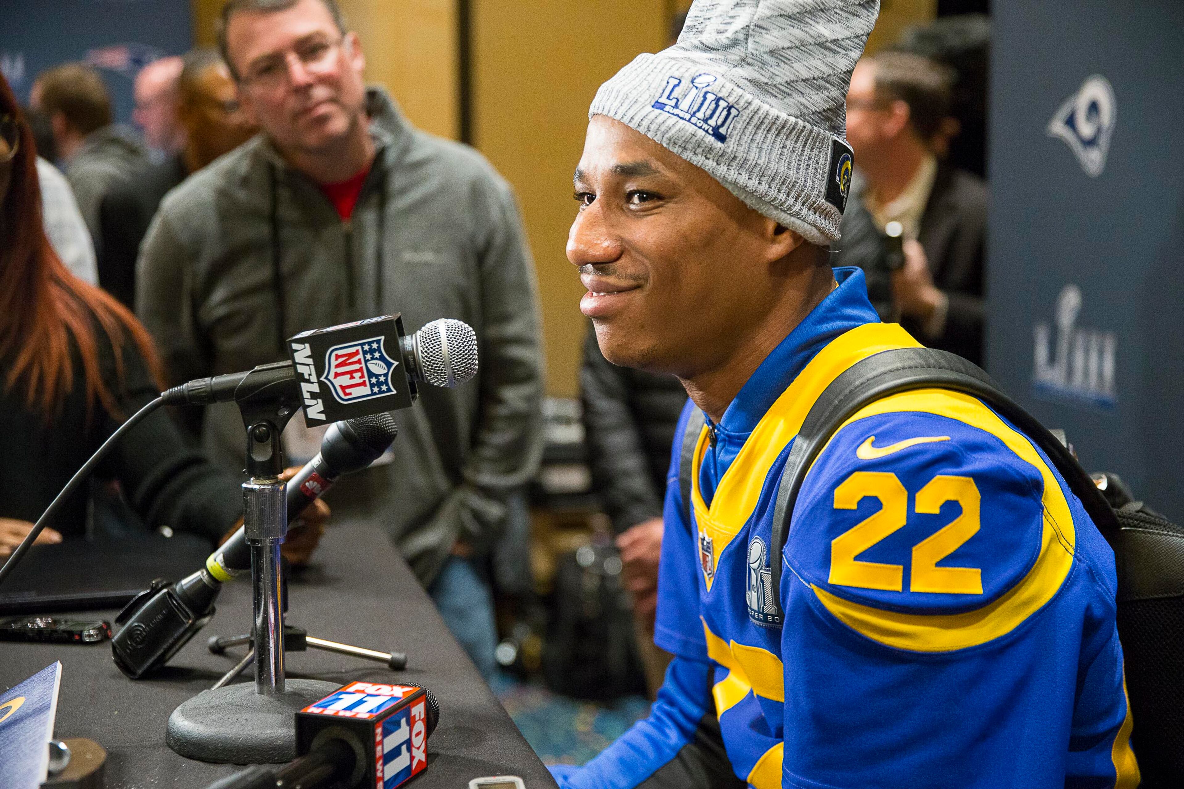 Marcus Peters without the hoodie and glasses on Wednesday. (Alyssa Pointer/Alyssa.Pointer@ajc.com)