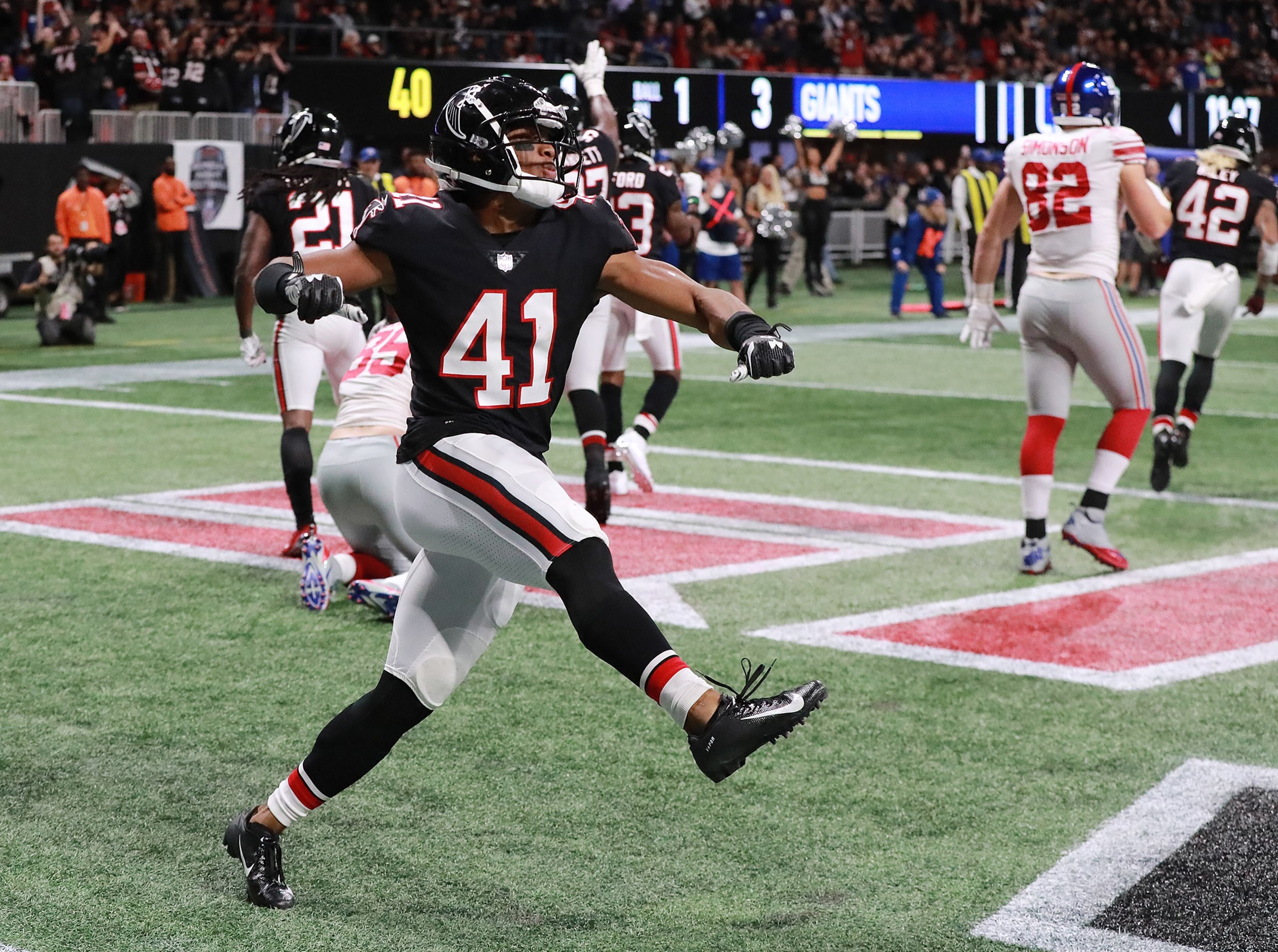 October 22, 2018 Atlanta: Atlanta Falcons safety Sharrod Neasman reacts after the defense held the New York Giants on a fourth and one attempt to take over on downs during the third quarter in a NFL football game on Monday, Oct 22, 2018, in Atlanta. Curtis Compton/ccompton@ajc.com