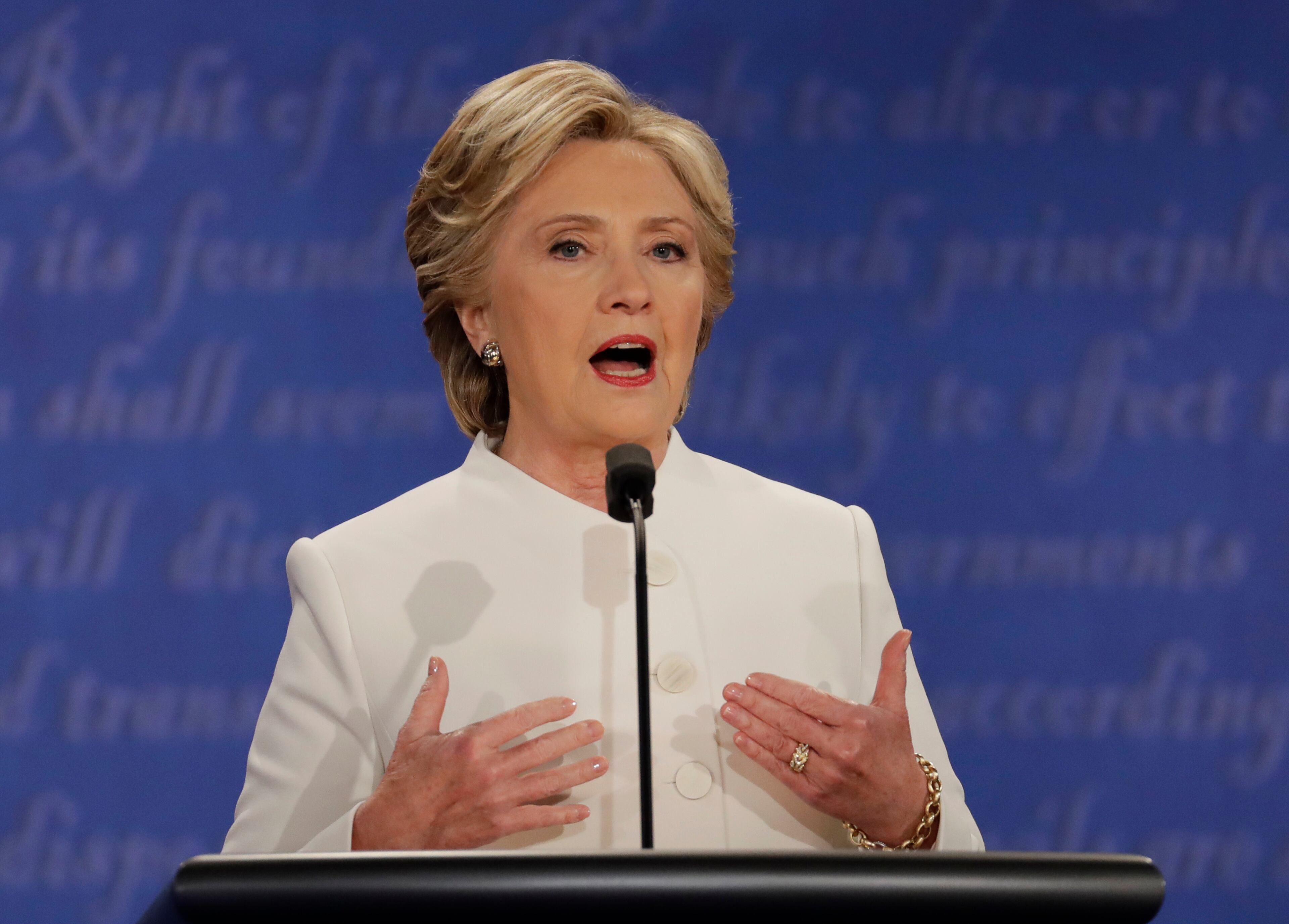 Democratic presidential nominee Hillary Clinton speaks during the third presidential debate with Republican presidential nominee Donald Trump at UNLV in Las Vegas, Wednesday, Oct. 19, 2016. (AP Photo/Patrick Semansky)