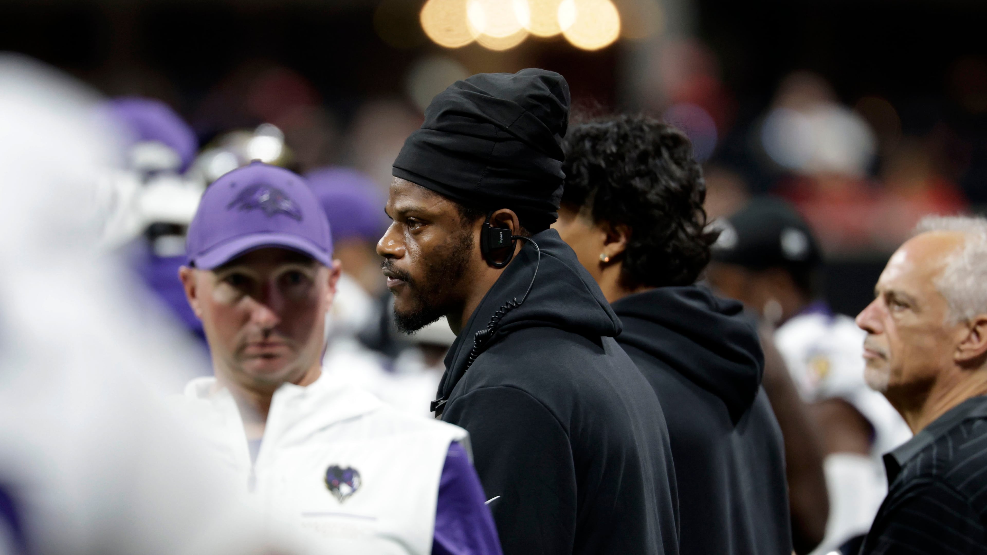 Injured Baltimore Ravens quarterback Lamar Jackson watches from the sideline during the first half of an NFL football game against the Atlanta Falcons, Sunday, Oct. 11, 2026, in Atlanta. (AP Photo/Erik S. Lesser)