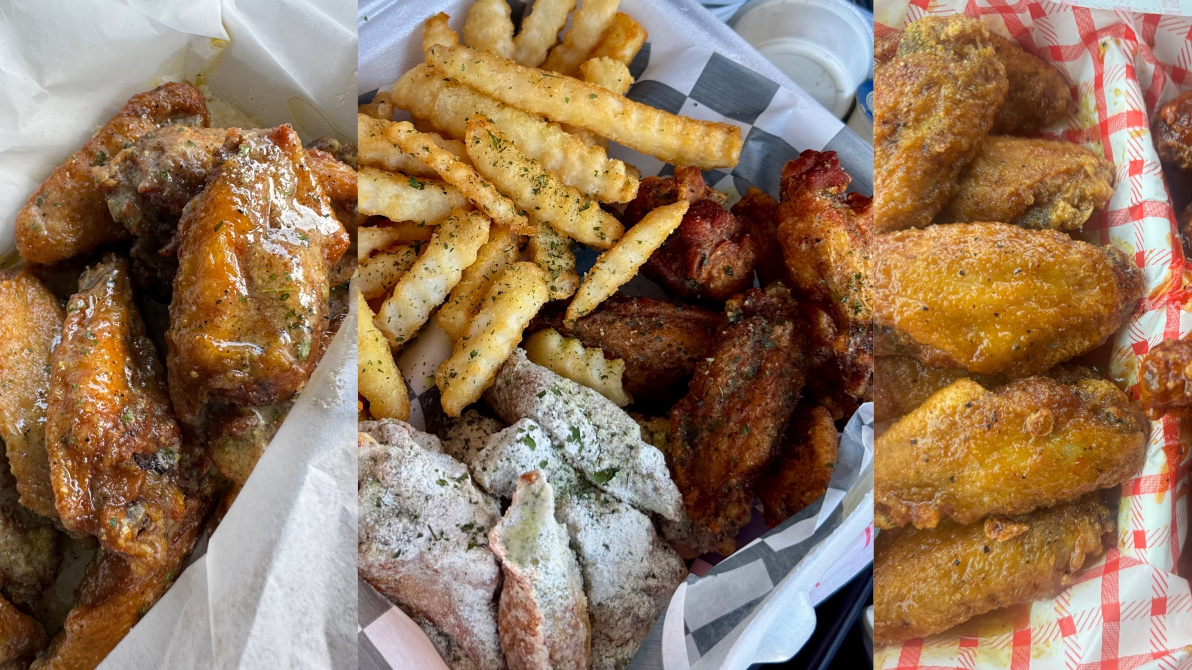 Hot wings from Wings on Wheat (left), Trap Wingz (center) and Buffalo Bar (right), all recommended by Justin Brown, aka the Real Food Stalker. (Justin Brown for the AJC)