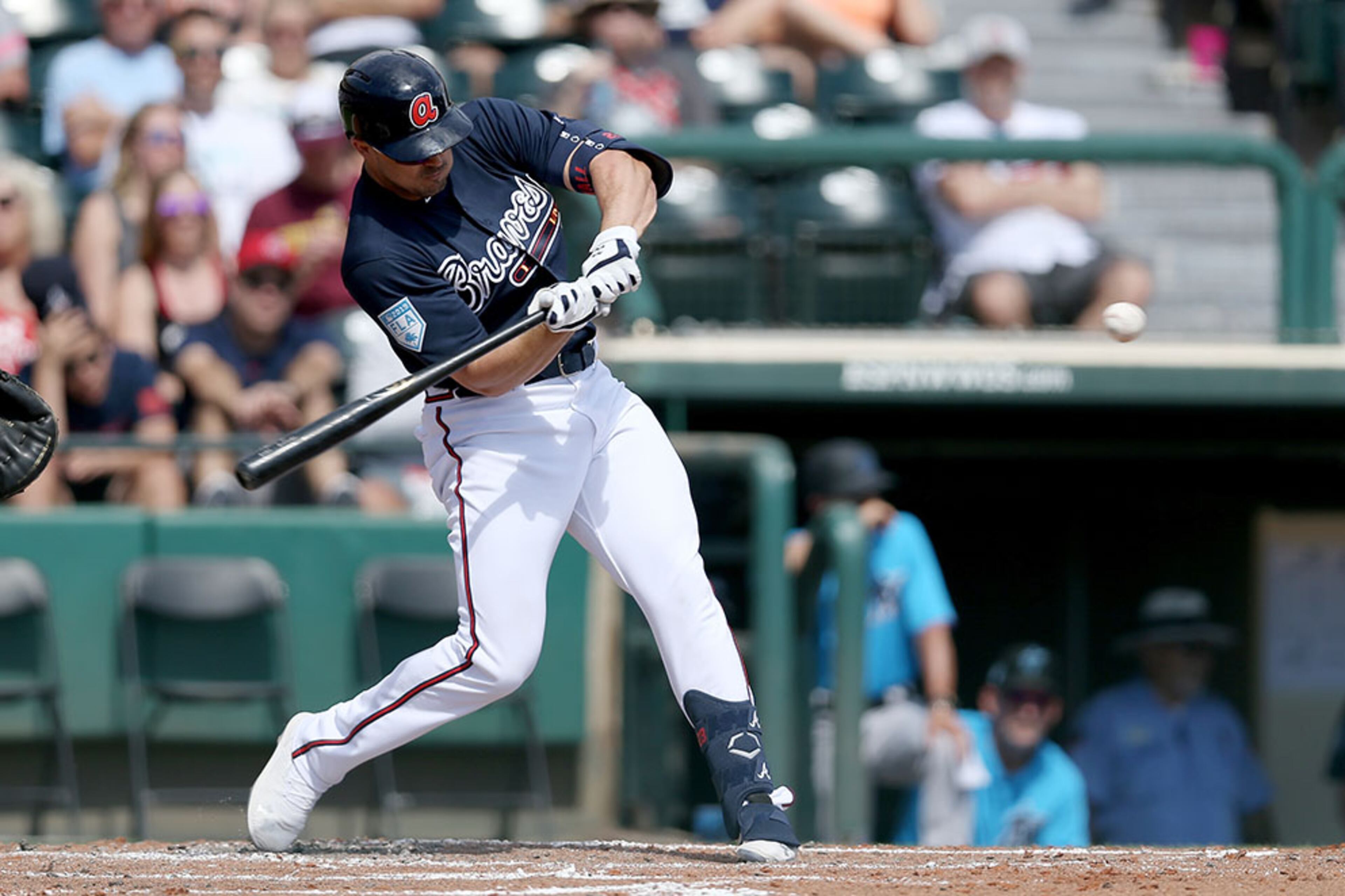 Braves' Adam Duvall hits a home run in the second inning Sunday, March 3, 2019, against the Miami Marlins at Champion Stadium in Lake Buena Vista, Fla.