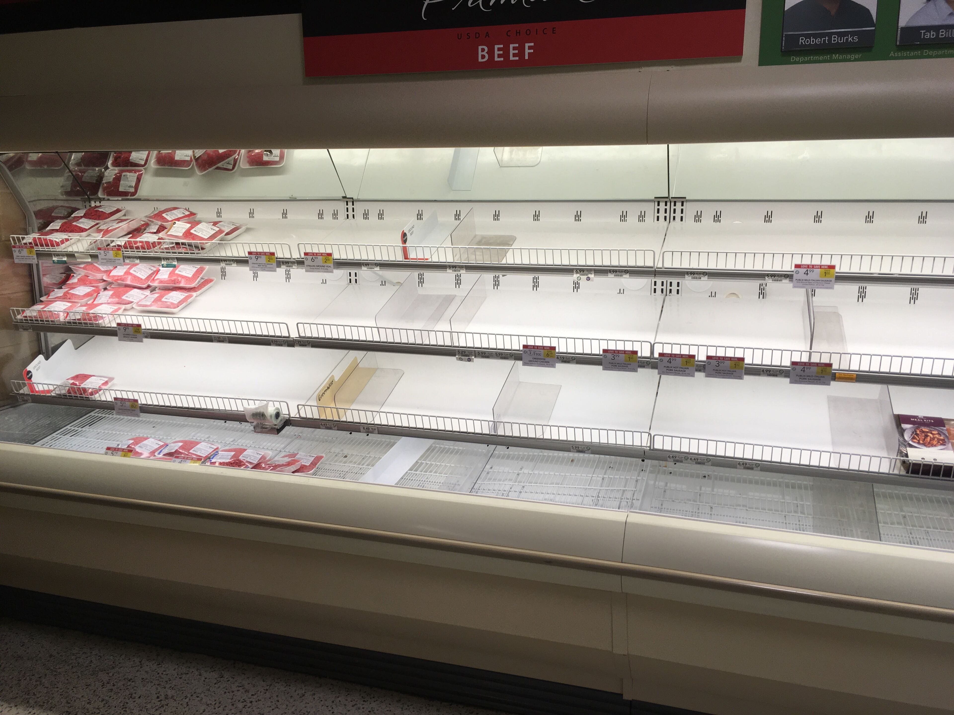 The Publix on Ponce in Poncey-Highland looked fairly well stocked Friday morning except for toilet paper, cleaners, frozen veggies, milk, meats and honey crisp apples.