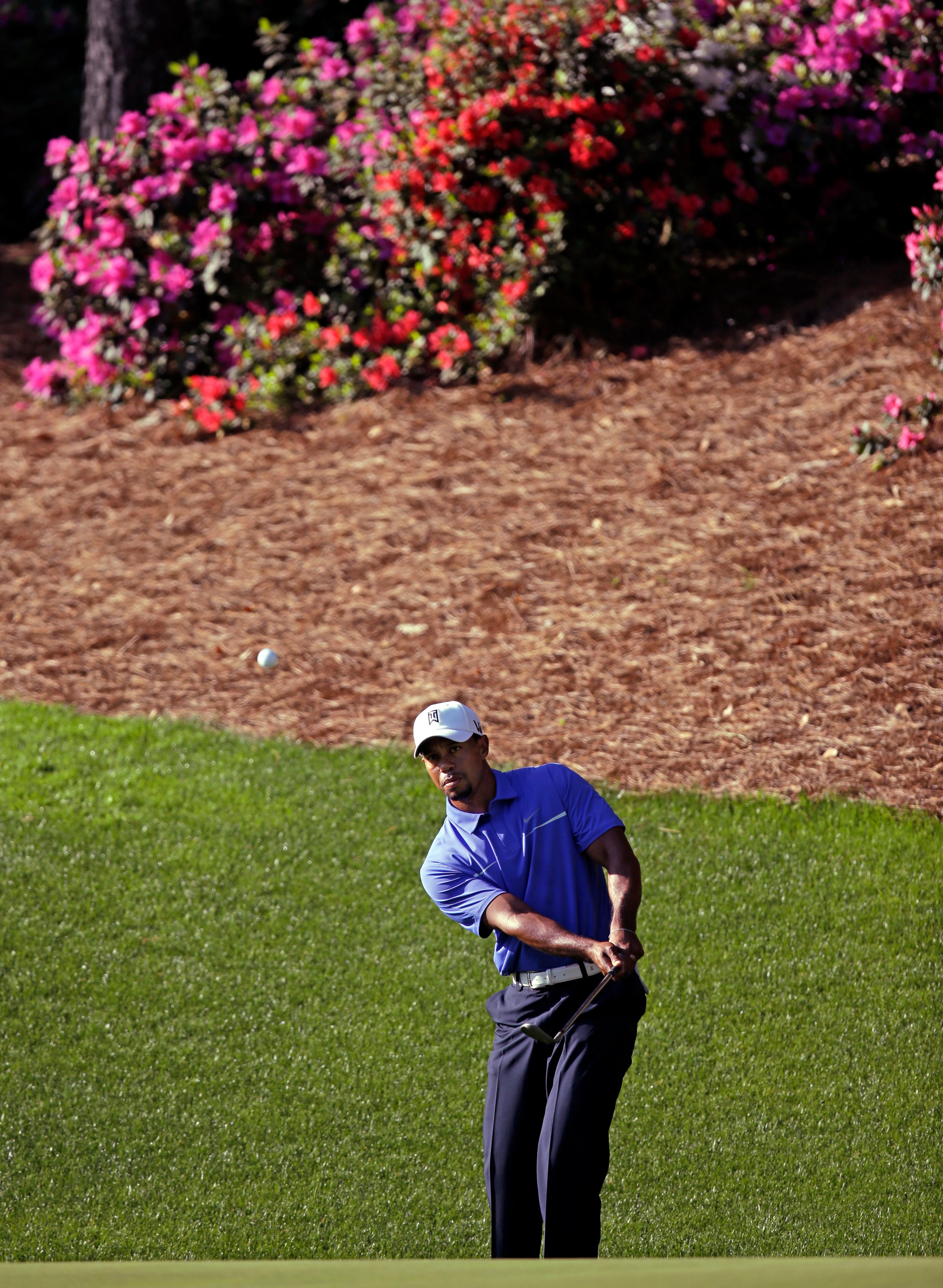 Tiger Woods chips to the 13th green during a practice round for the Masters golf tournament.