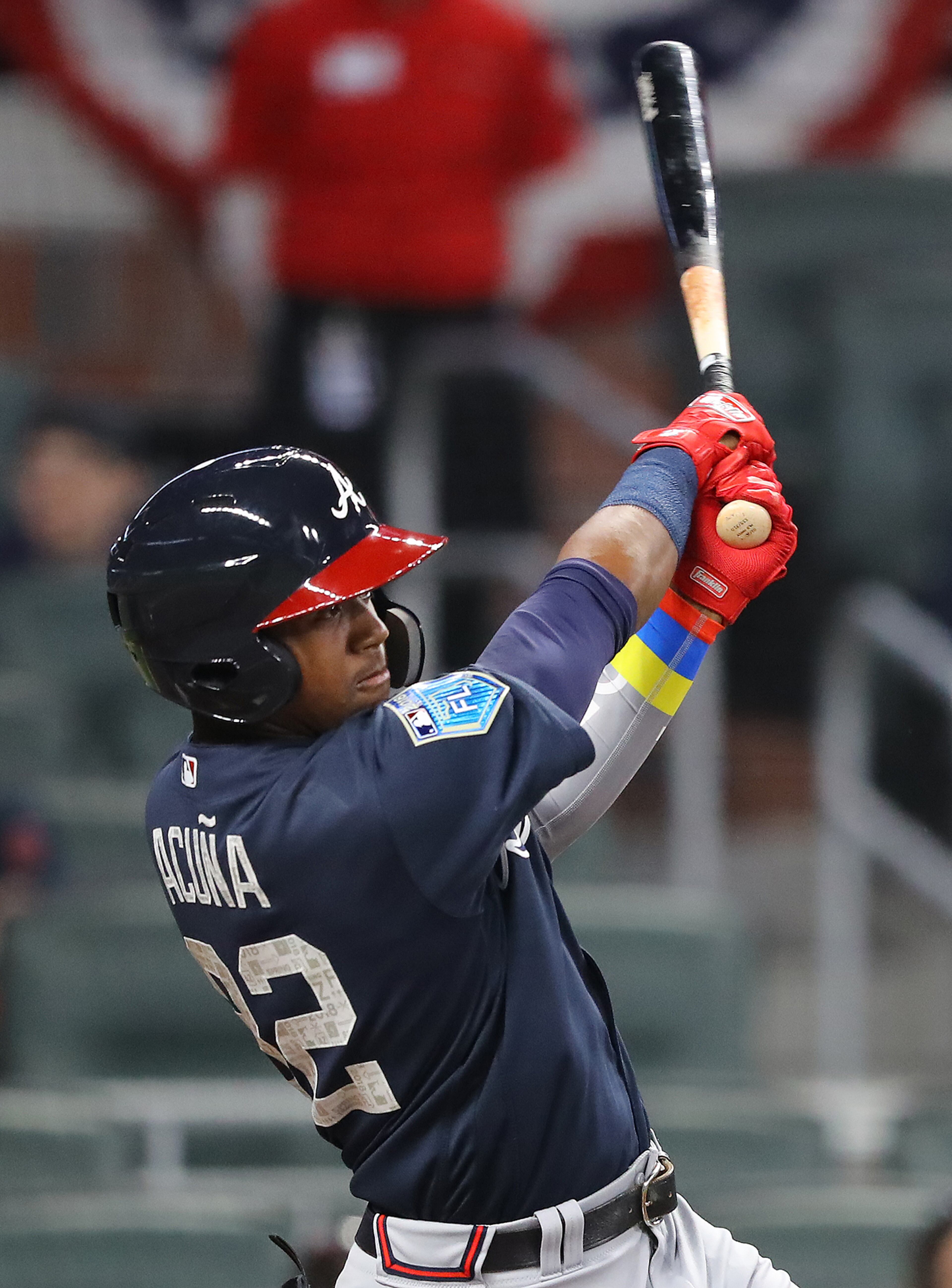 March 27, 2018 Atlanta: Ronald Acuna Jr. hits a single during the third inning in the Future Stars Exhibition Game on Tuesday, March 27, 2018, at SunTrust Park in Atlanta. Curtis Compton/ccompton@ajc.com