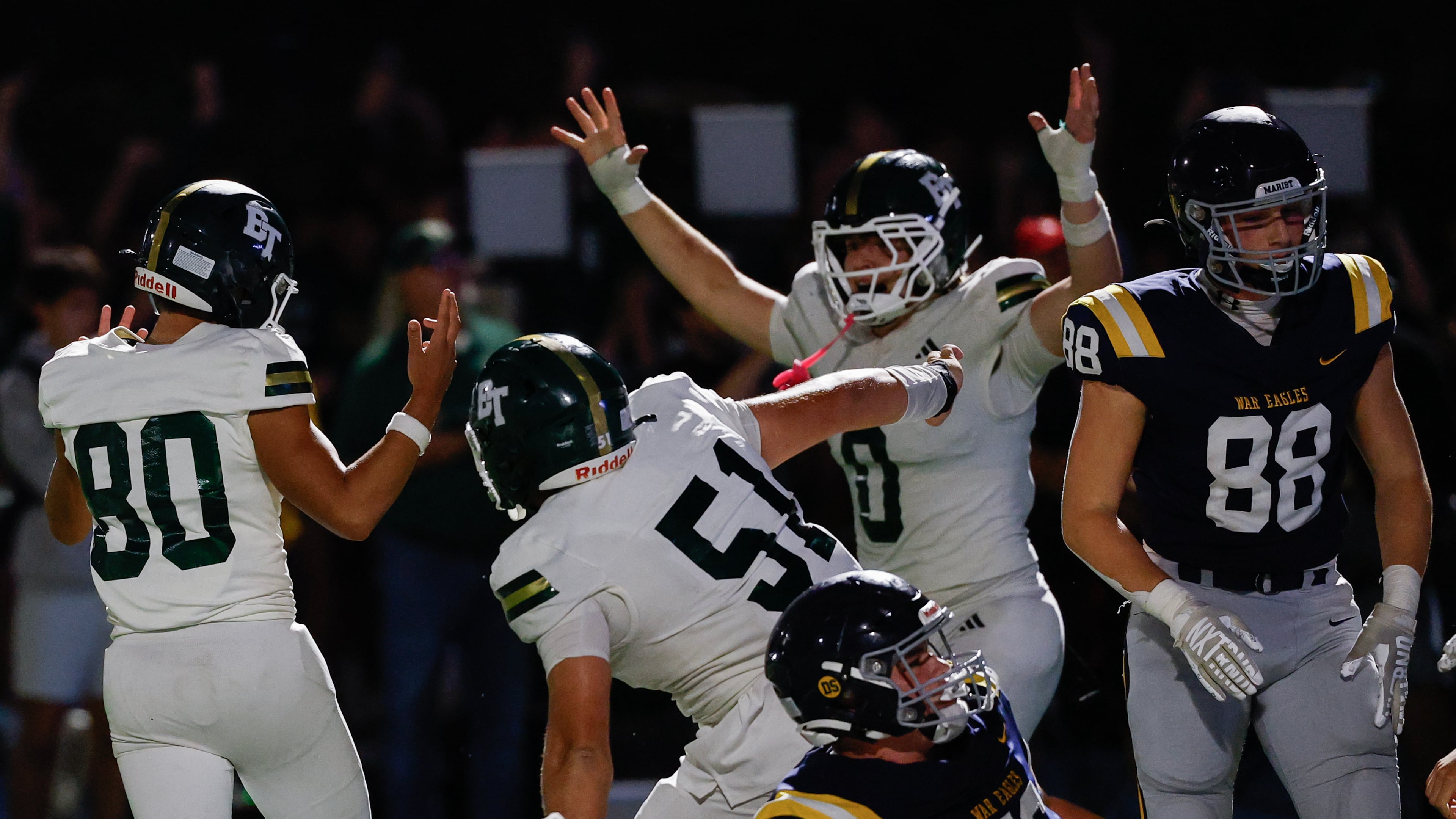 Blessed Trinity's Richard Morthland (80) celebrates after kicking the game-winning field goal against Marist during the second half a high school football game between Blessed Trinity and Marist, Friday, Sept. 25, 2026, in Atlanta. (Erik S. Lesser for the AJC)