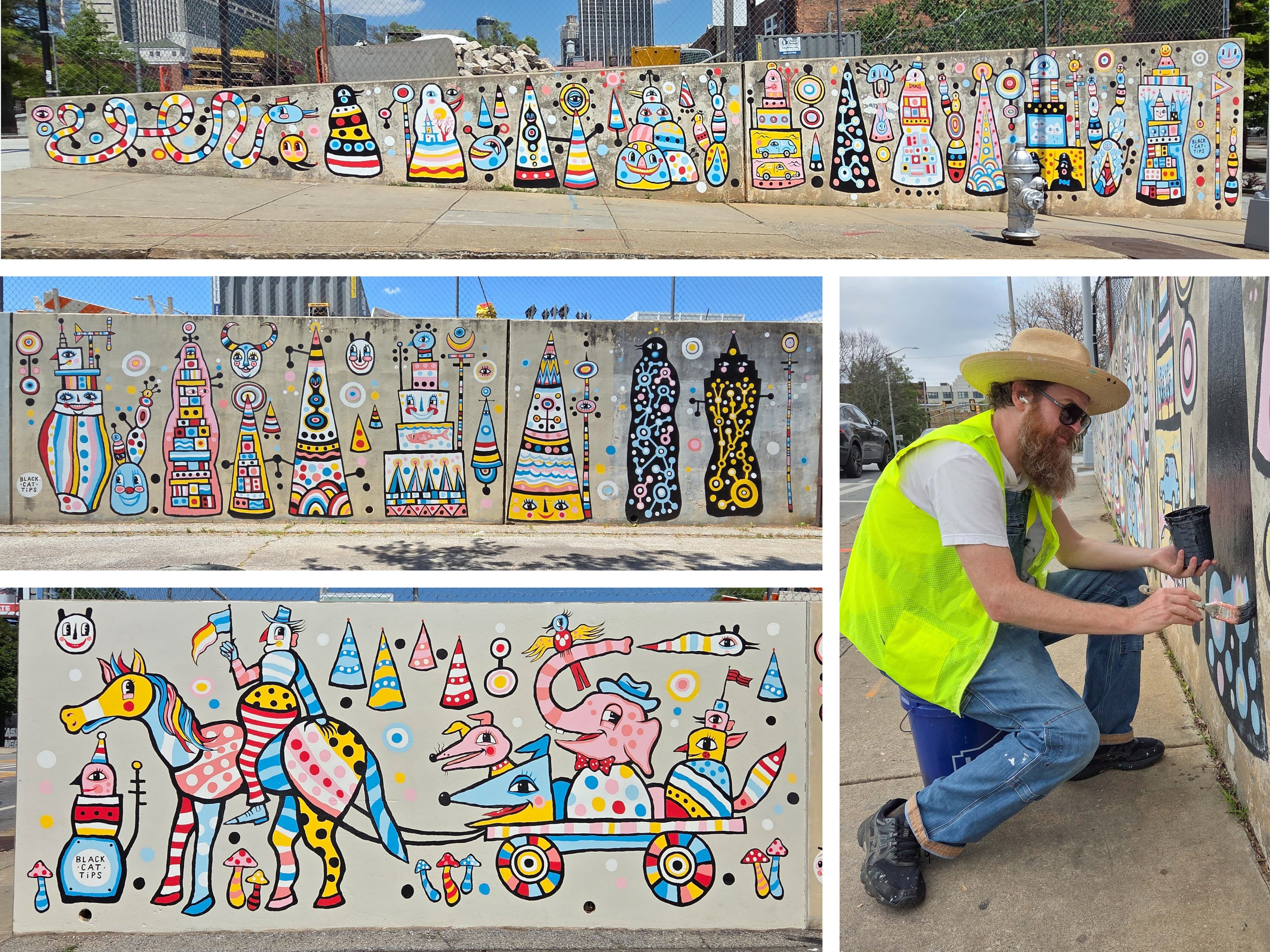 A photo composite of "The Sidewalk Circus, by Kyle Brooks, aka BlackCatTips," mural in progress. It mixes sculptures the artist saw on a visit to Bogota, Columbia, with "the spirit of a circus." (Courtesy of Arthur Rudick)