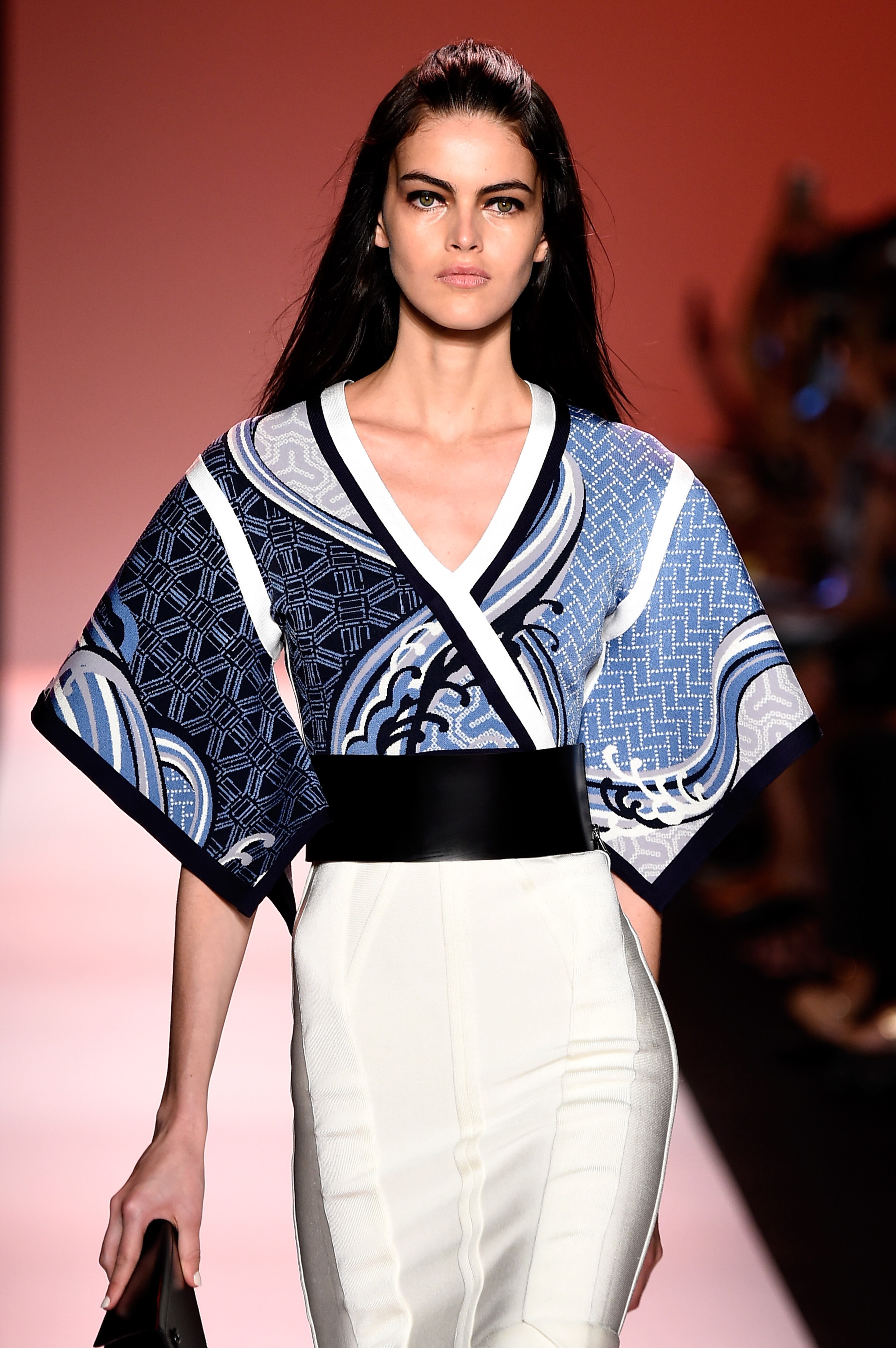 JAPANESE MOTIFS: A model walks the runway at the Herve Leger By Max Azria fashion show during Mercedes-Benz Fashion Week Spring 2015 at The Theatre at Lincoln Center on September 6, 2014 in New York City. (Photo by Frazer Harrison/Getty Images for Mercedes-Benz Fashion Week)